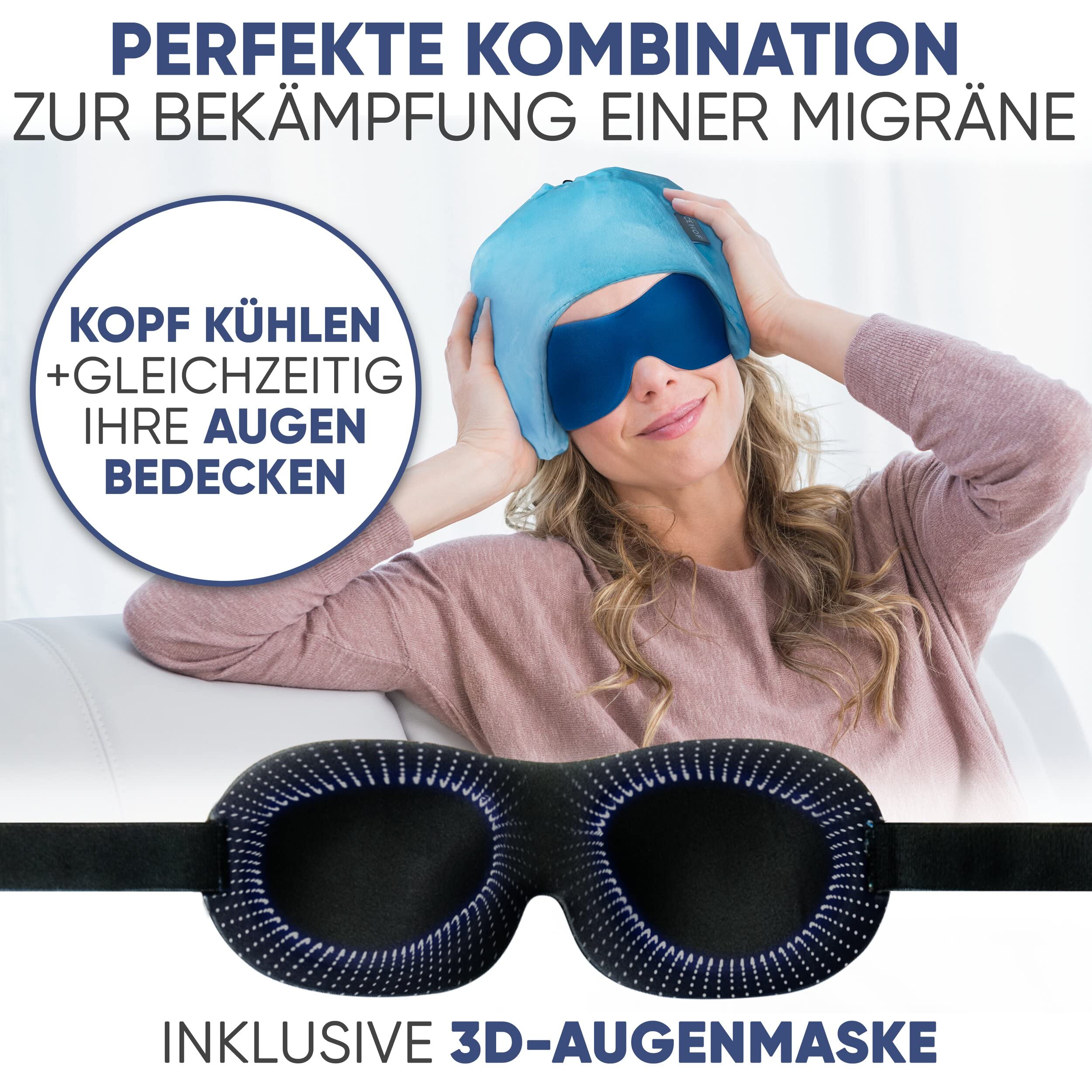 ICEHOF Cappello di raffreddamento con 4 impacco freddo gel rimovibili & maschera per dormire 3D - cappello rinfrescante in gel per la terapia chimica - Ice Cap emicrania - mal di testa