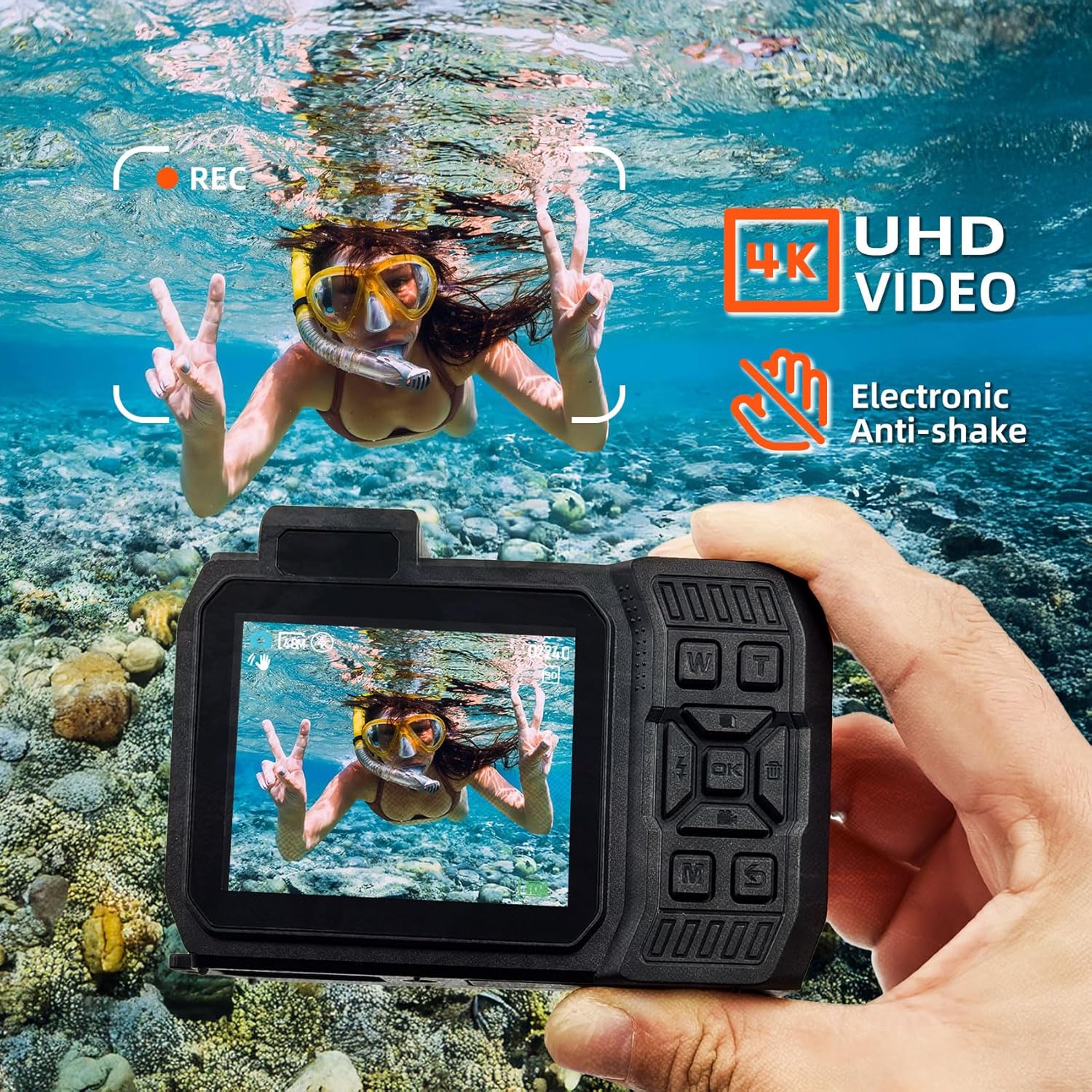 Sheawasy SH-D50 camera displaying 4K UHD video and electronic anti-shake feature
