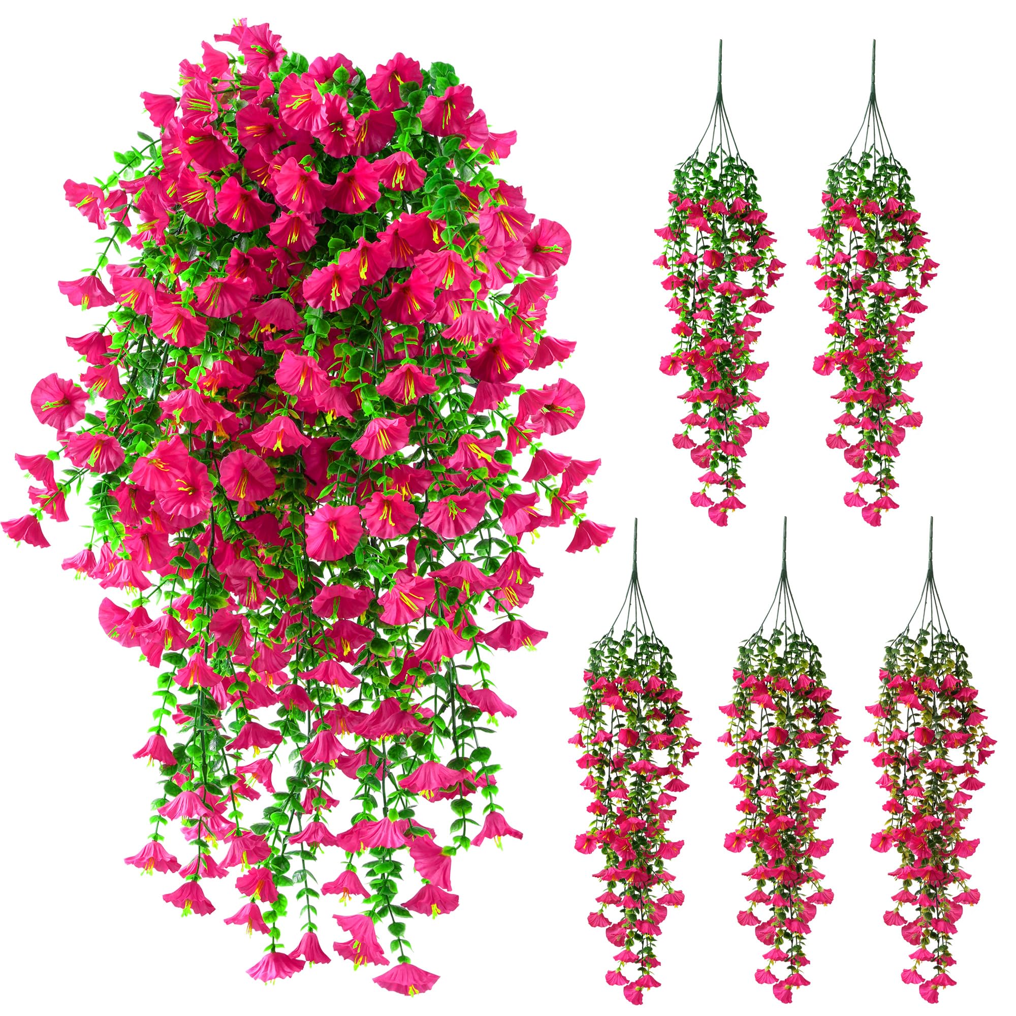 Fanfantoey Artificial Hanging Flowers for Outdoors, 5Pcs UV Resistant Faux Petunias, Realistic Fake Silk Long Vines Morning Glory Eucalyptus for