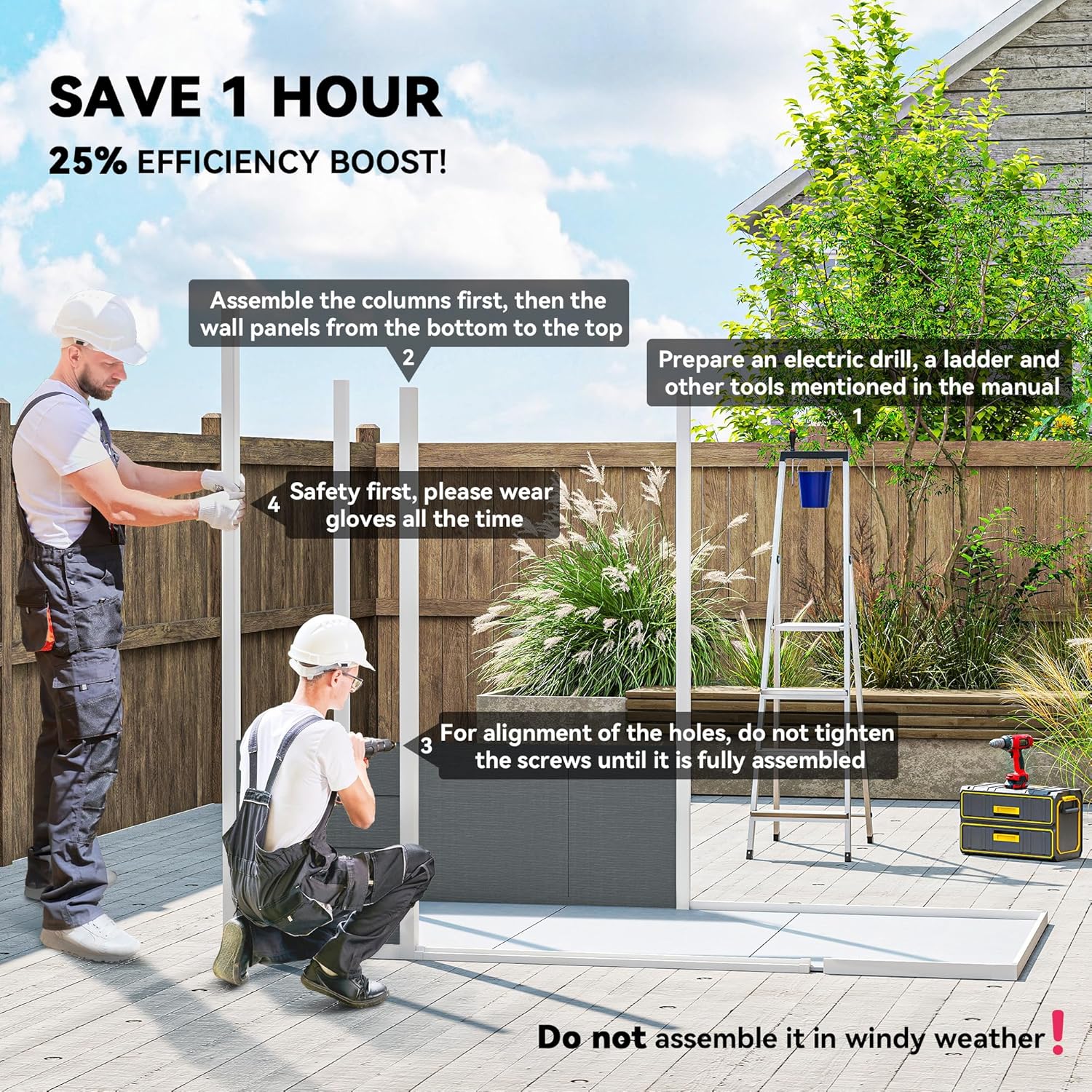 Assembly guidance showing two individuals constructing the shed, highlighting tips like assembling columns first, wearing gloves, and not overtightening screws until fully assembled. A ladder and electric drill are also shown.