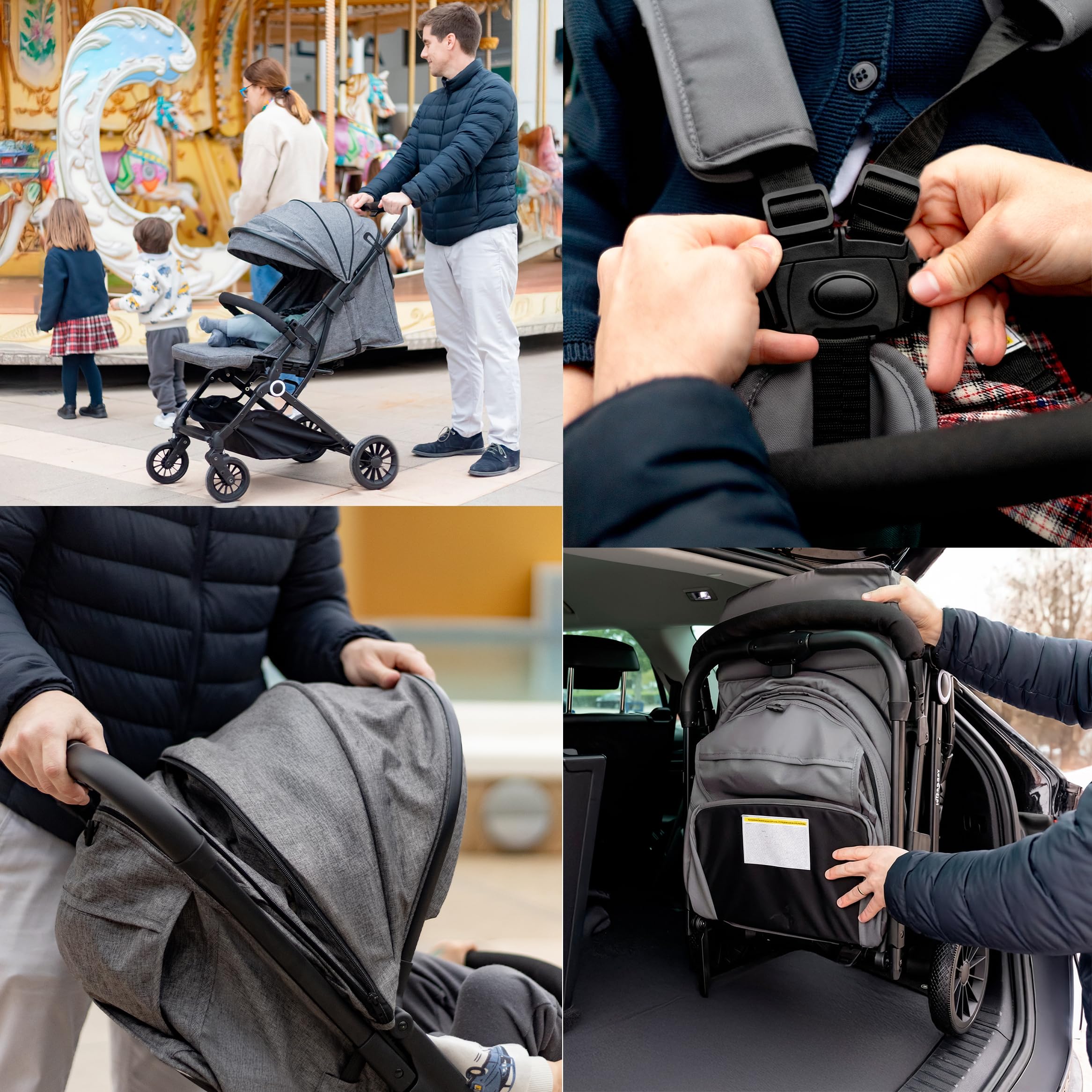 Interbaby - Silla de Paseo Ligera Bebé hasta 22 kg, Carrito Bebé Plegado Automático con una Mano, Respaldo Reclinable, Capota XXL, Suspensión 4 Ruedas, Cochecito Bebé (Gris)