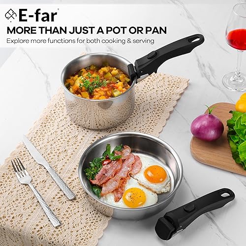 Miniatura 3 de E-far Juego de 9 utensilios de cocina de acero inoxidable, juego de ollas y sartenes de 3 capas con mango y tapa desmontables, utensilios de cocina