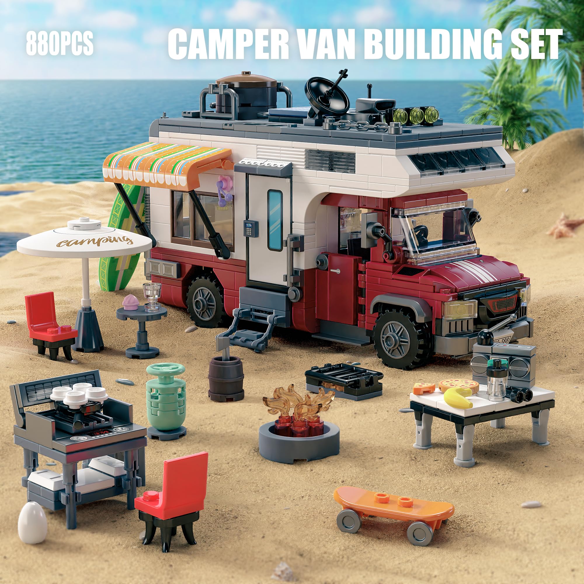 TGL City Camper Van Building Set-Beach Camping Themed Construction Toy Kit with Mini Accessories&Lights, RV Car Model Compatible with Legos,Birthday Gift for Adults and Kids 6+(880 pcs)