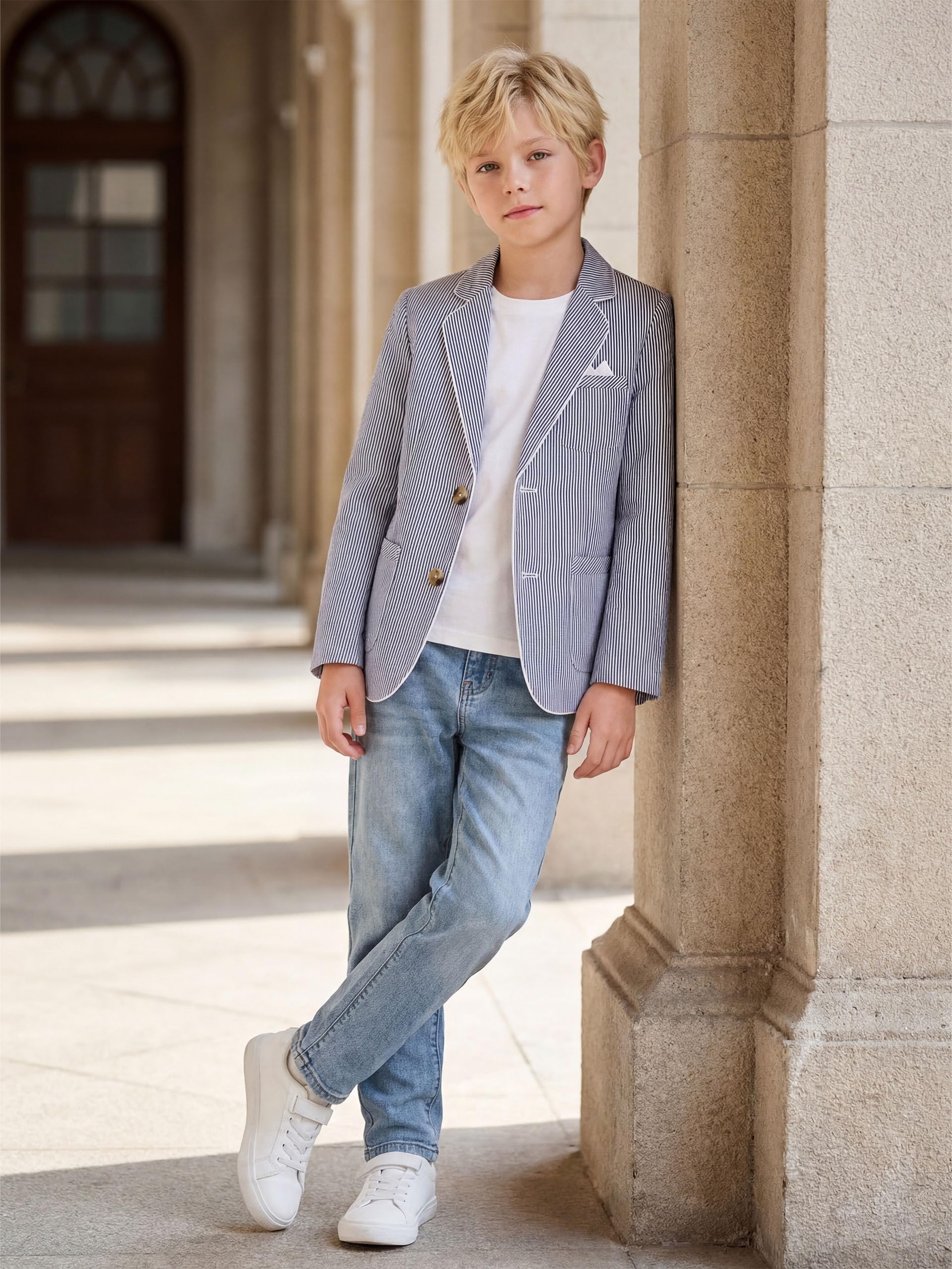 LOLANTA Seersucker-Blazer für Kinder gestreift elegante Jacke Jungen Sommer Casual 5-13 Jahre