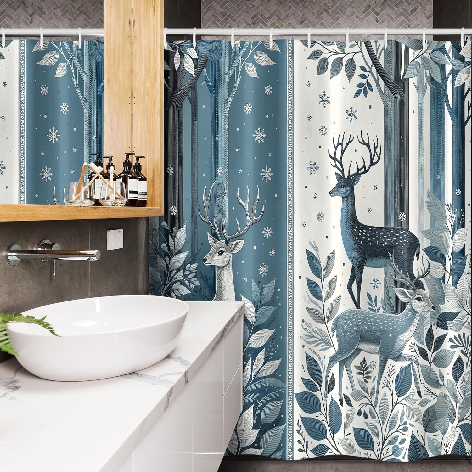 Ambesonne Christmas Stall Shower Curtain, Winter Themed Nordic Ethnic Style Trees Leaves and Deer on Stripes, Fabric Bathroom Decor Set with Hooks, 54" W x 78" L, Slate Blue and Dark Grey