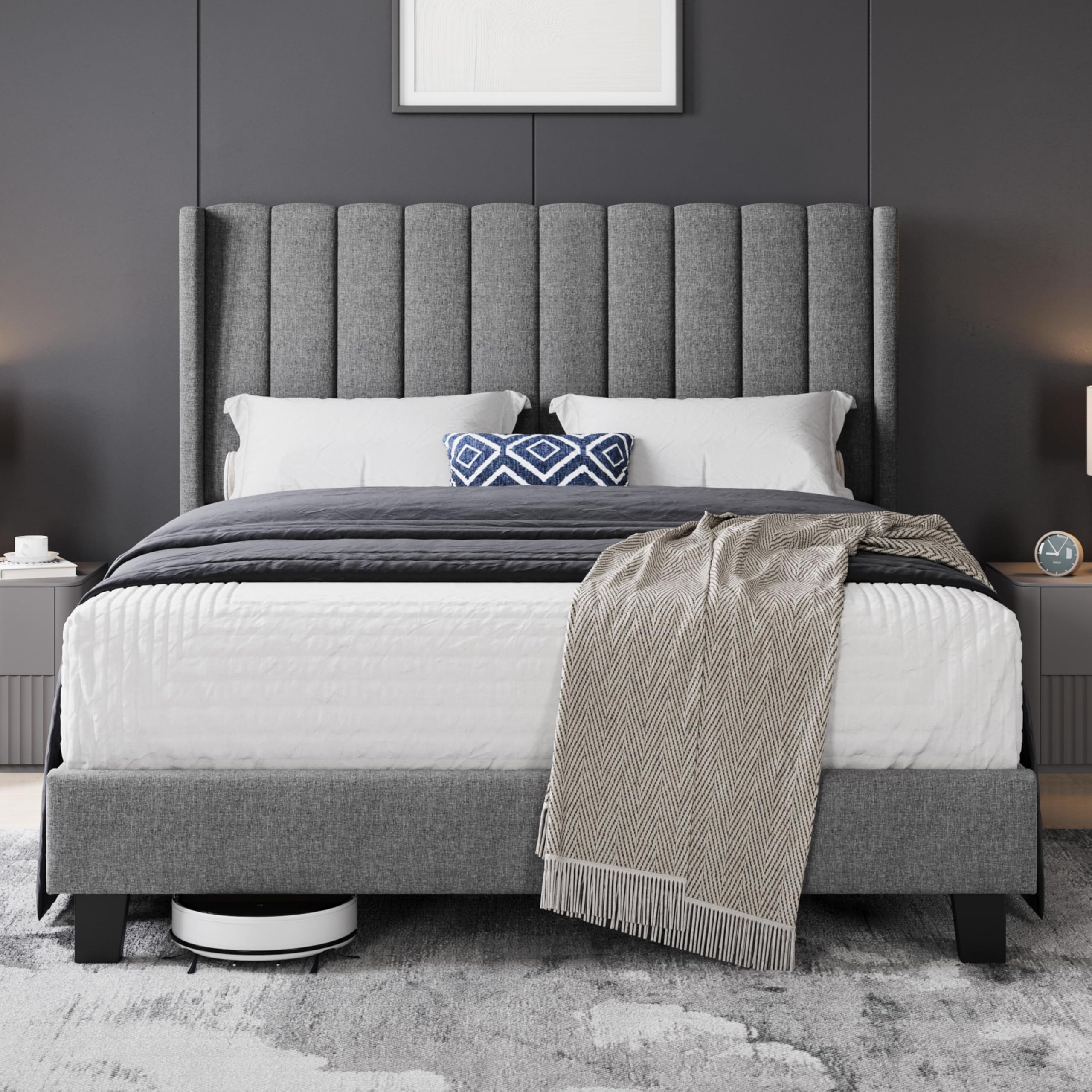 Yaheetech 5ft King Bed Frame, Channel Tufted Wing Headboard, Light Grey