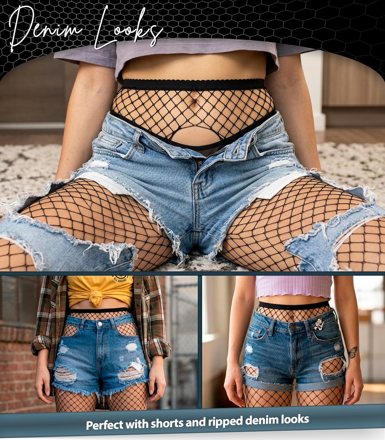 Black Fishnet Tights - High Waist Sheer Seamless Pantyhose for Women - Open Crotch Design, Crotchless Flexible Stockings for S-XL Size - Mid Net Nylons, Breathable Mesh Tights for Dance or Everyday