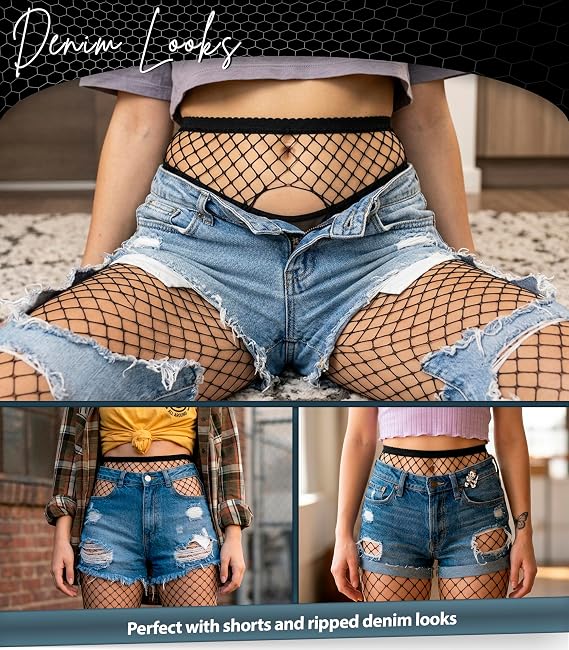 Black Fishnet Tights - High Waist Sheer Seamless Pantyhose for Women - Open Crotch Design, Crotchless Flexible Stockings for S-XL Size - Mid Net Nylons, Breathable Mesh Tights for Dance or Everyday