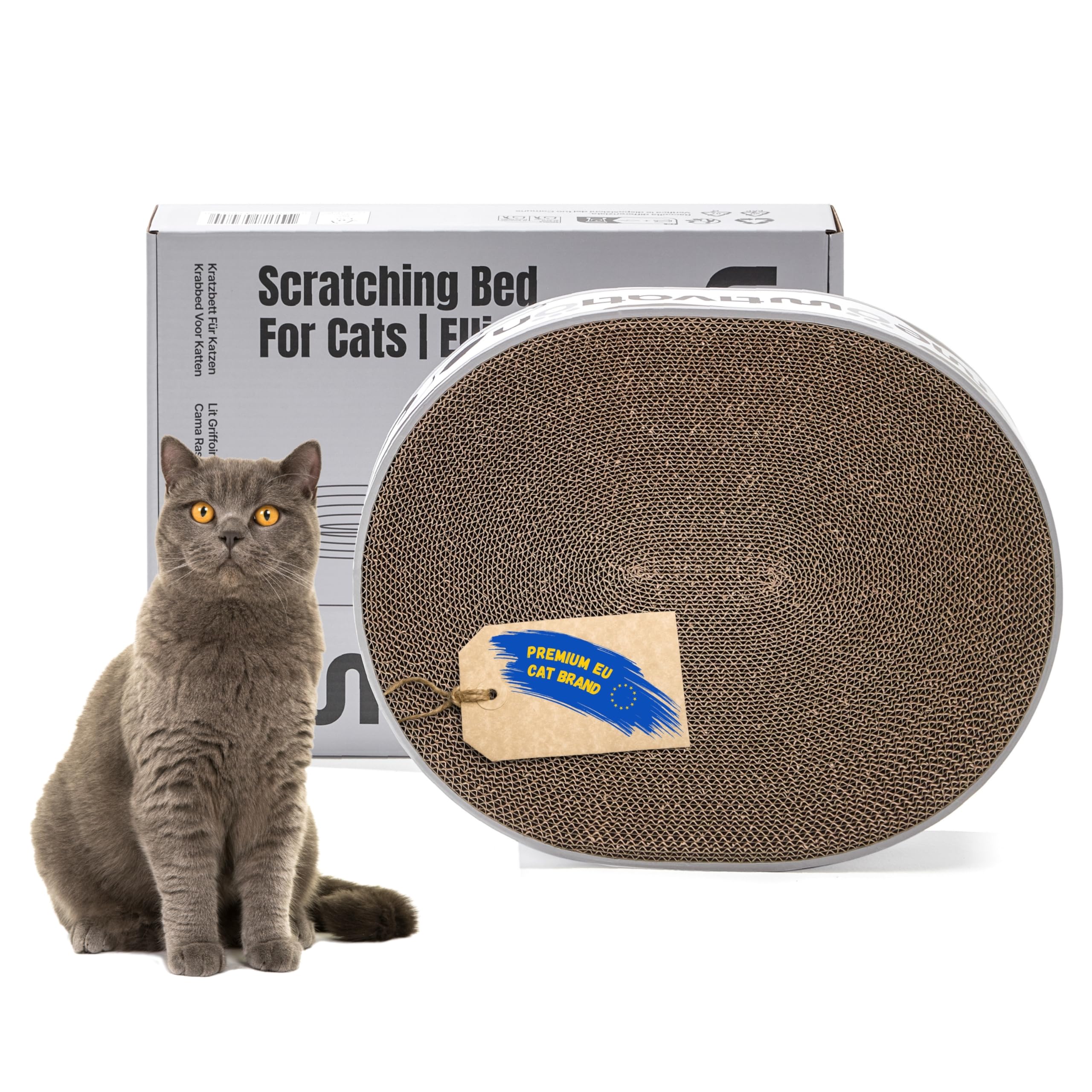 Cuccia tiragraffi per gatti – Tiragraffi ovale premium da 42 cm in cartone ondulato 100% riciclato, lettino con erba gatta, accessorio robusto per gatti di taglia media e gattini, cat scratcher