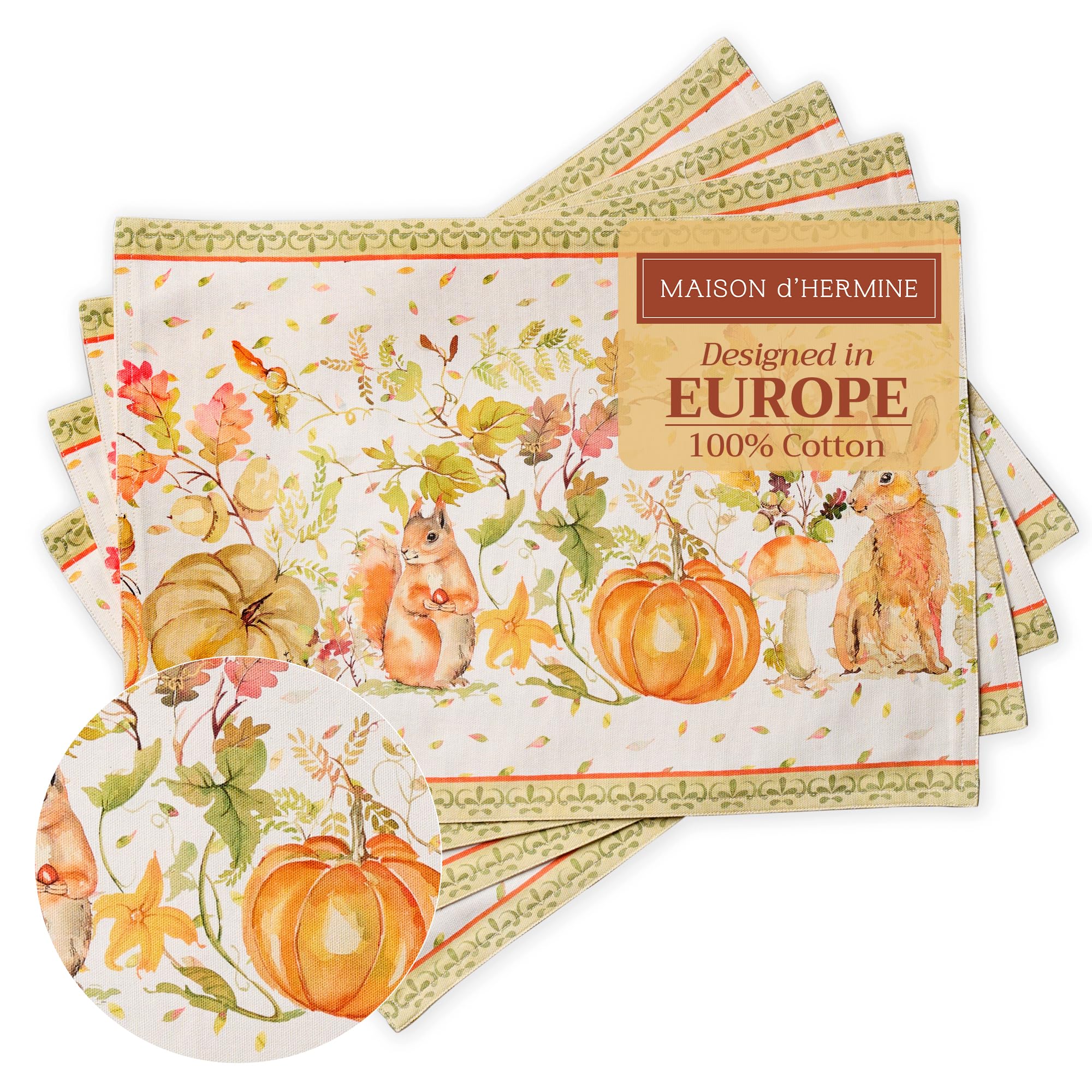 Maison D' Hermine 109 - Pumpkin Passion Placemats Set Of 4 100% Cotton Washable Cloth Place Mats, Reusable Table Mats For Christmas Decorations Kitchen Dining Party Wedding Restaurant (Pumpkin Passion, 33 Cm X 48 Cm)