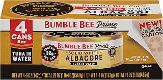 Bumble Bee Prime Solid White Albacore Tuna in Water, 5oz Cans (4-Pack) - 32g Protein, Wild Caught, Keto Gluten-Free, Non-GMO