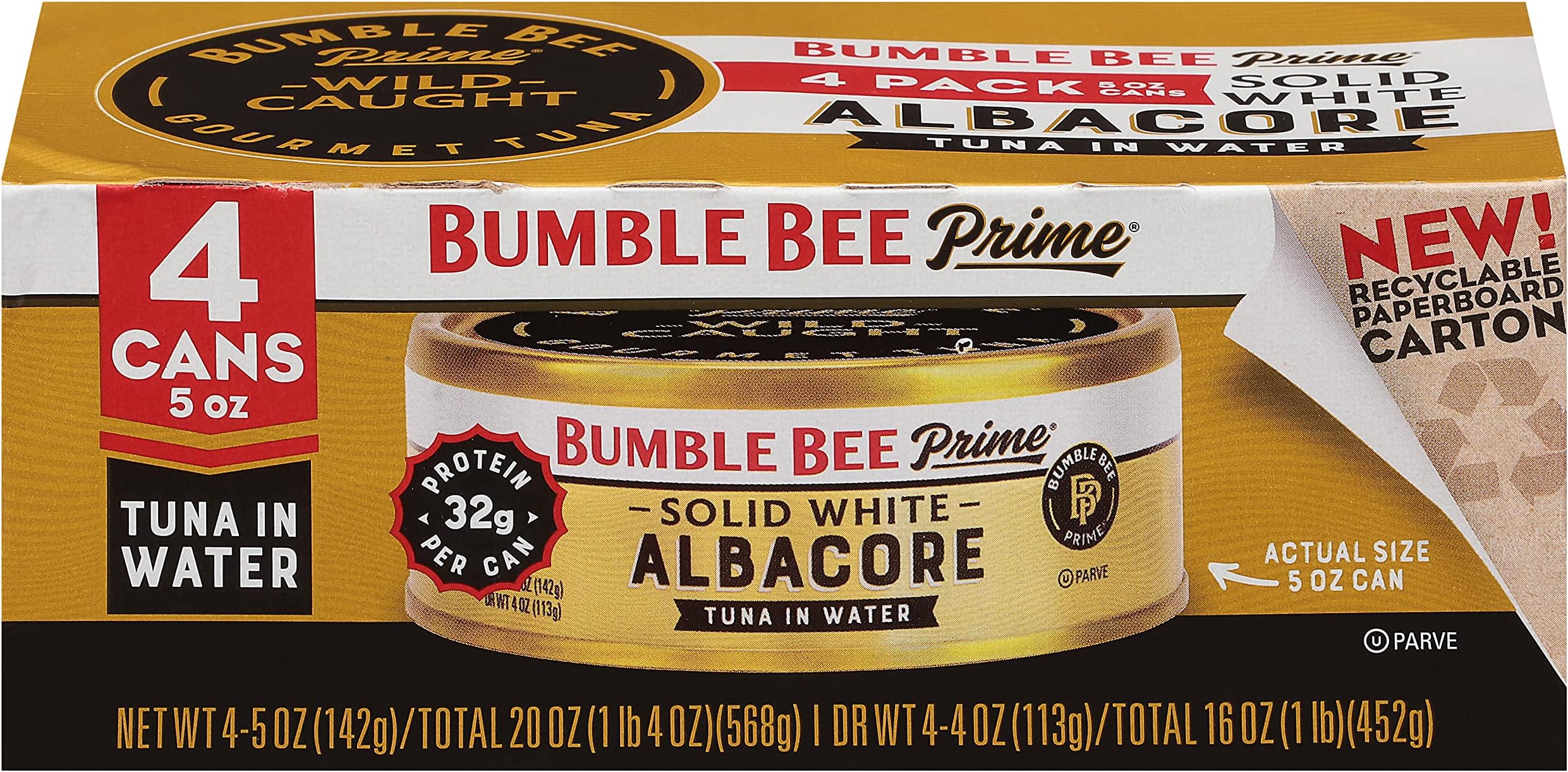 Prime Solid White Albacore Tuna in Water, 5 oz Easy Open Cans (Pack of 4) - Premium Wild Caught Tuna - 32g Protein per Serving - Non-GMO Project Verified, Gluten Free, Kosher