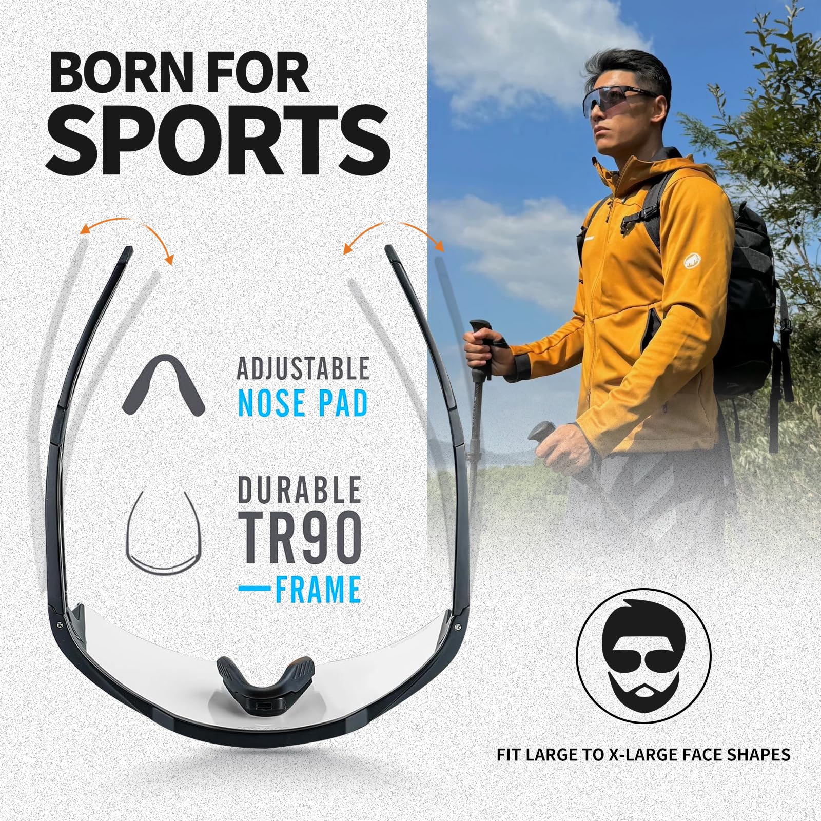Photochrome Sport Occhiali da Sole XL Uomo Donna TR90 Occhiali da Bici Occhiali da Bici Baseball Corsa Escursionismo