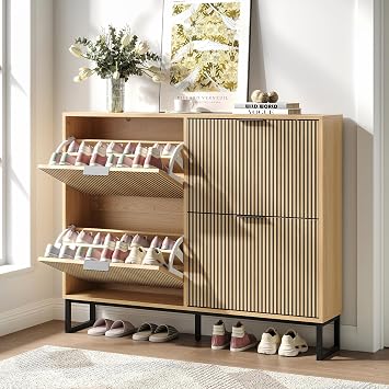 Modren Shoe Cabinet with 4 Flip Drawers and Metal Legs, WalnutNarrow Wood Shoe Cabinet Storage, Freestanding Hidden Shoe Organizer Rack Cabinet for Hallway, Entryway