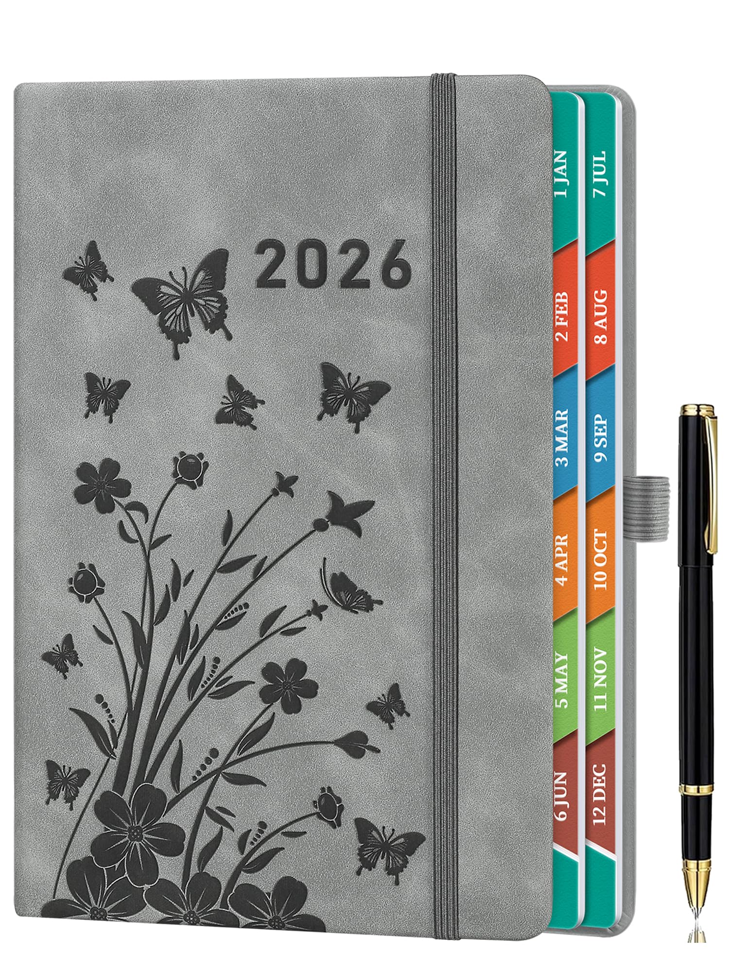 2026 Diary Day per Page, A5 Diary Page a Day January to December, Daily & Monthly Planner with Colorful Monthly Tabs, Floral Design, Elastic Pen Holder, 2 Bookmarks, Pen Loop & Inner Pocket, Grey.