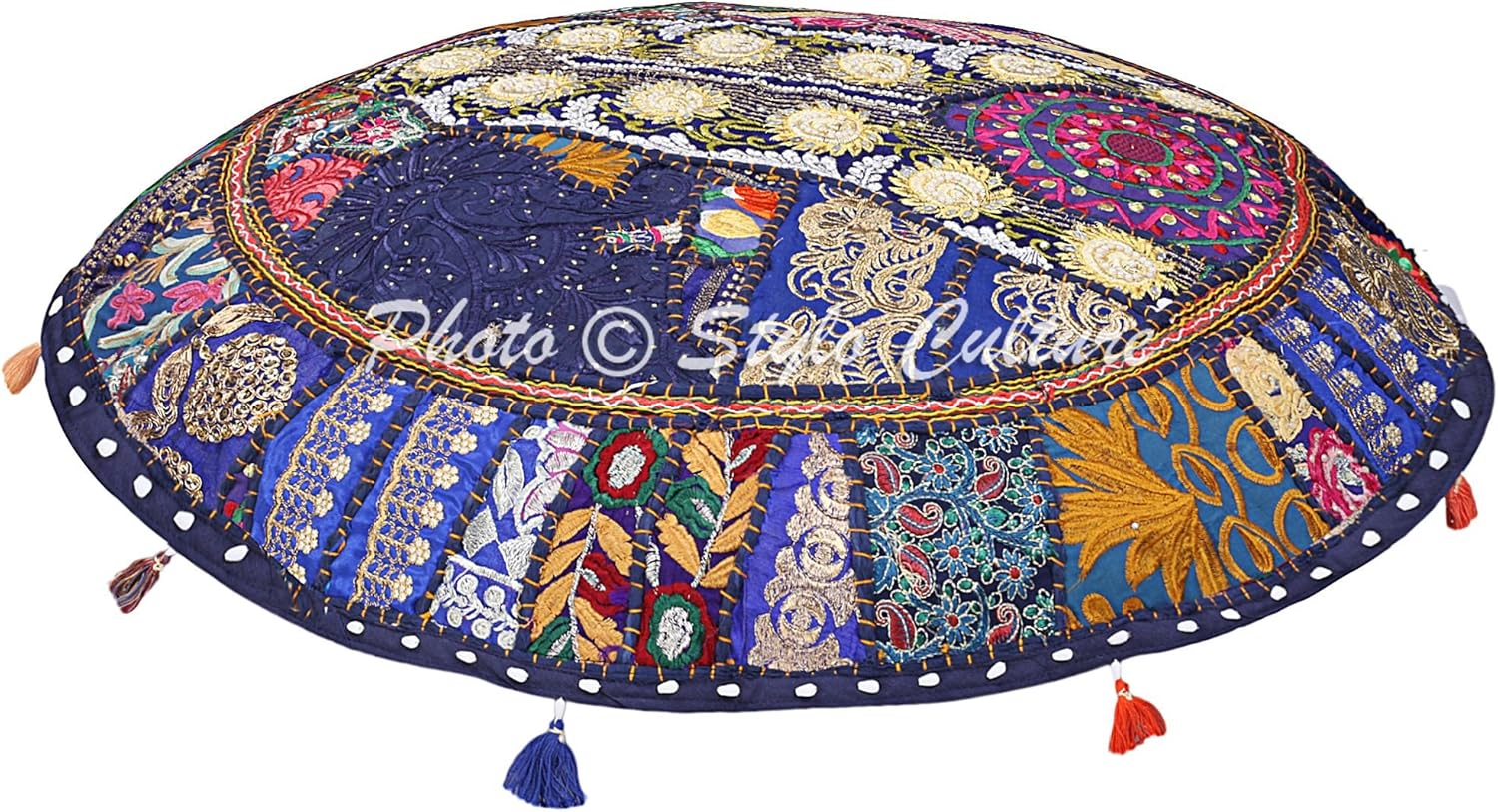 Indian Kids Floor Pillow Vintage Patchwork Cushion Cover Dark Blue Large 32x32 Decorative Bohemian Round Hassock Pouffe Cover Footstool Cotton Embroidered 1 Pc