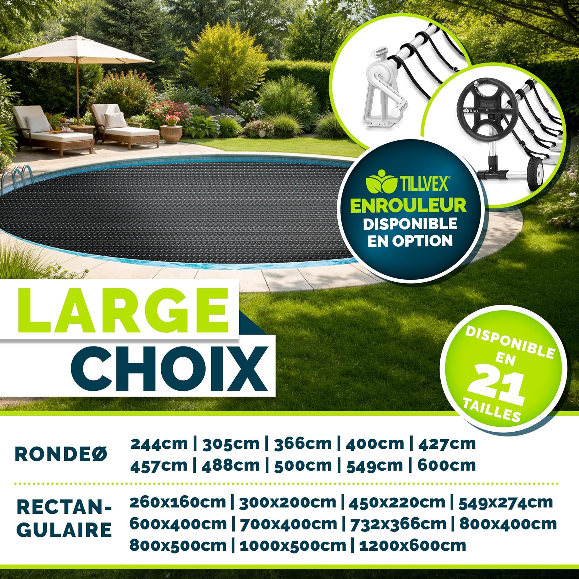 tillvex Bâche à Bulles pour Piscine | Bâche de Protection Solaire de 120 µm d'épaisseur | Découpe individuelle | Chauffage de Piscine pour Eau Chaude (Noir, 366 cm (Ronde))