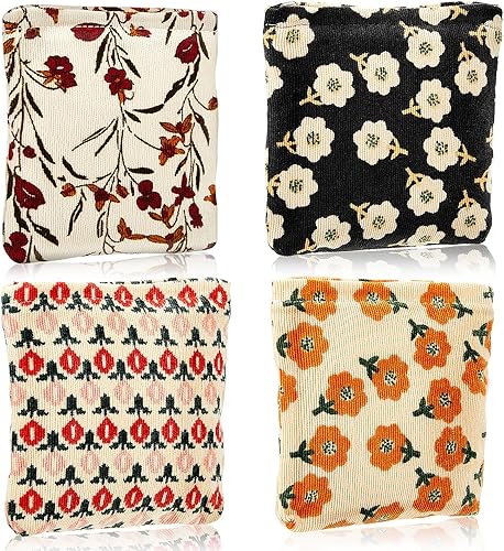 Abbylike 4 bolsas de maquillaje floral de pana con cremallera, pequeñas bolsas portátiles para bolso, artículos de tocador, mini bolsa de maquillaje