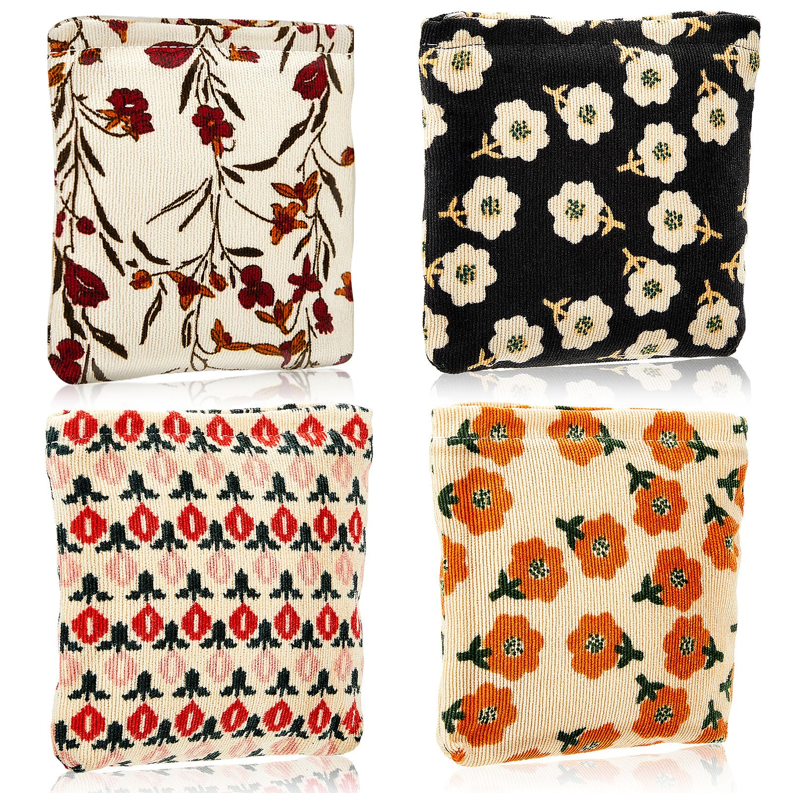 Abbylike 4 Pcs Floral Makeup Bag Corduroy Cosmetic Bag with Zipper Portable Small Pouches for Purse Toiletry Mini Pouch Cute Mini Makeup Purse for Coin Essentials Items Women(Classic)