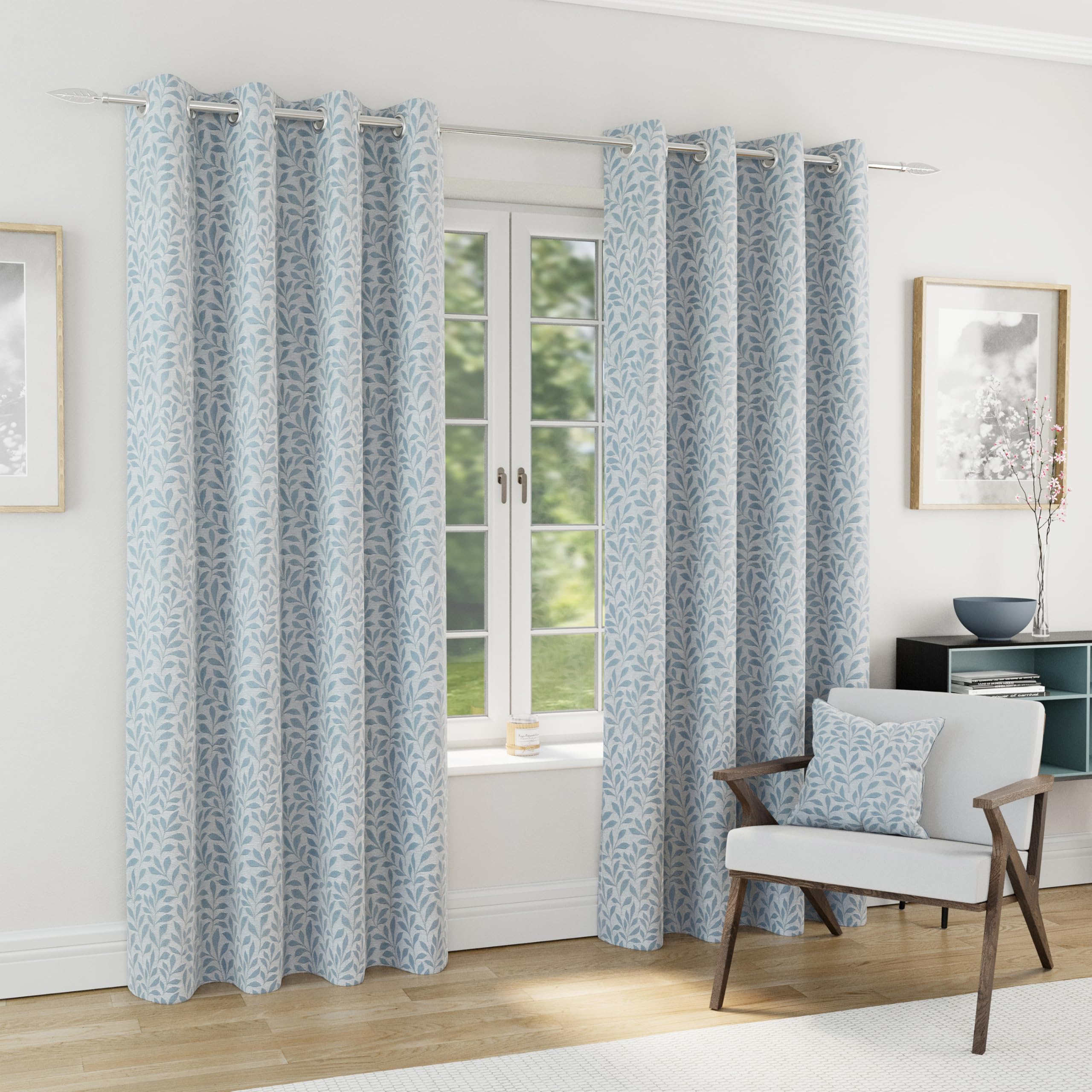 Rackhams Blue Sherwood 100% Blackout Jacquard Leaf Curtains - Thermal/Energy Saving Pair With Eyelets For Living Room & Bedrooms - Ice - 66" (168Cm) Width X 72" (183Cm) Drop