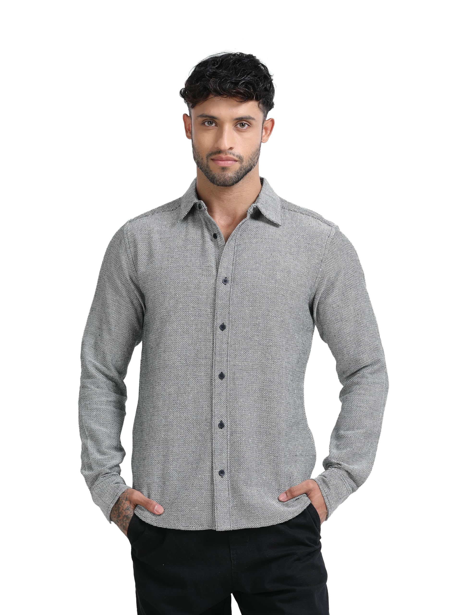 stitchx Men's Long Sleeve Dobby Textured Slim Fit Shirt Grey Anthracite S-2XL-picture-45