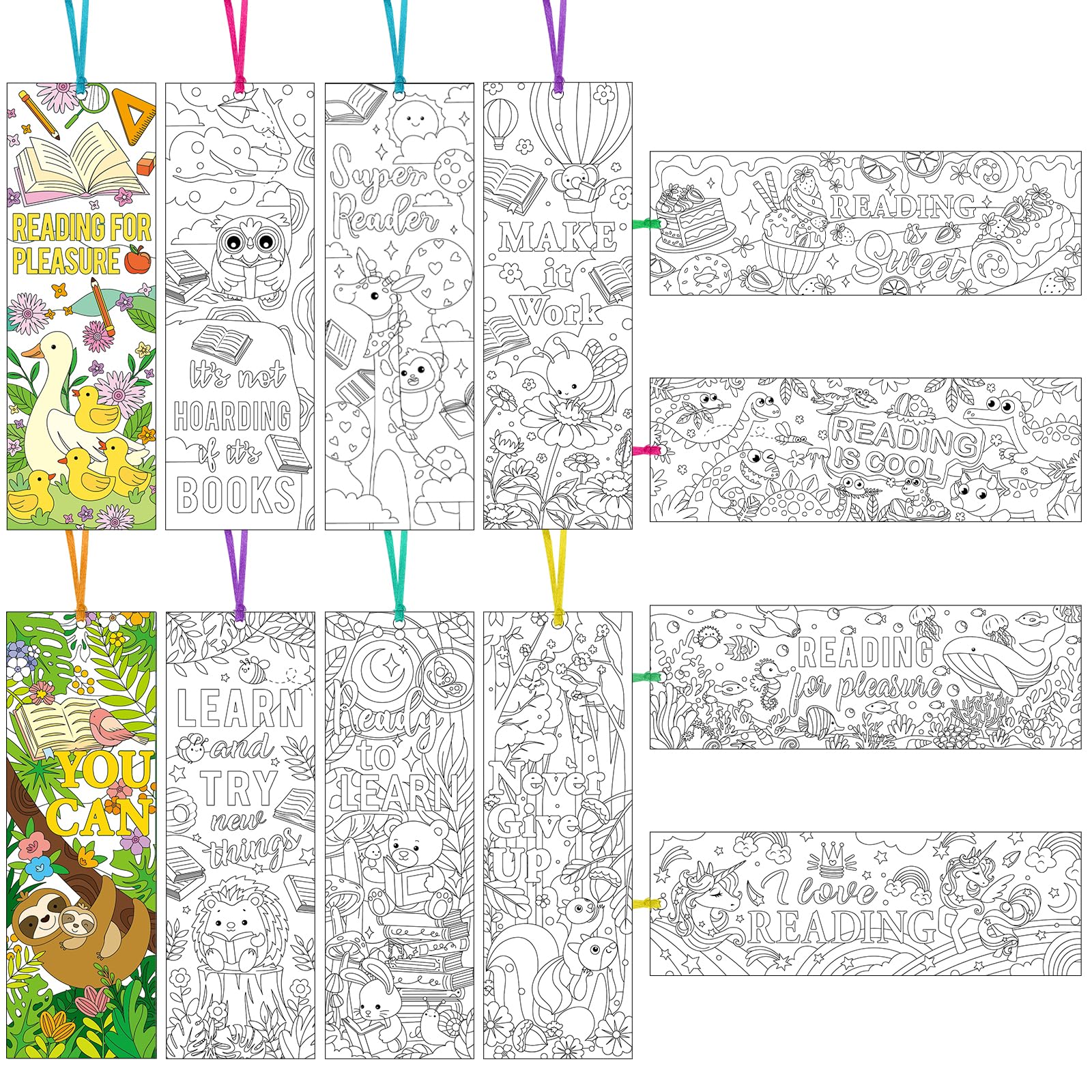 JSRQT Color Your Own Paper Bookmarks 36 Pieces Book Mark Markers Coloring Page Clips with Ribbons Decorate Funny Cute Animal Double-Sided Cardboard for Lover Gifts School Rewards Bulk End Year