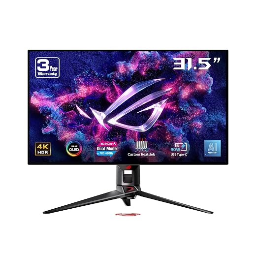 ASUS ROG Swift OLED PG32UCDP Gaming Monitor – 31.5" OLED, Dual Mode (4K 240Hz & FHD 480Hz), 0.03 ms, AI Assistant, OLED Anti-Flicker, Custom heatsink, OLED Care, Type-C (90W), DisplayWidget Center