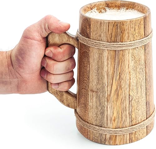Norse Tradesman LG - Taza de cerveza de madera, 100% hecha a mano, incluye bolsa de regalo medieval, 16 onzas