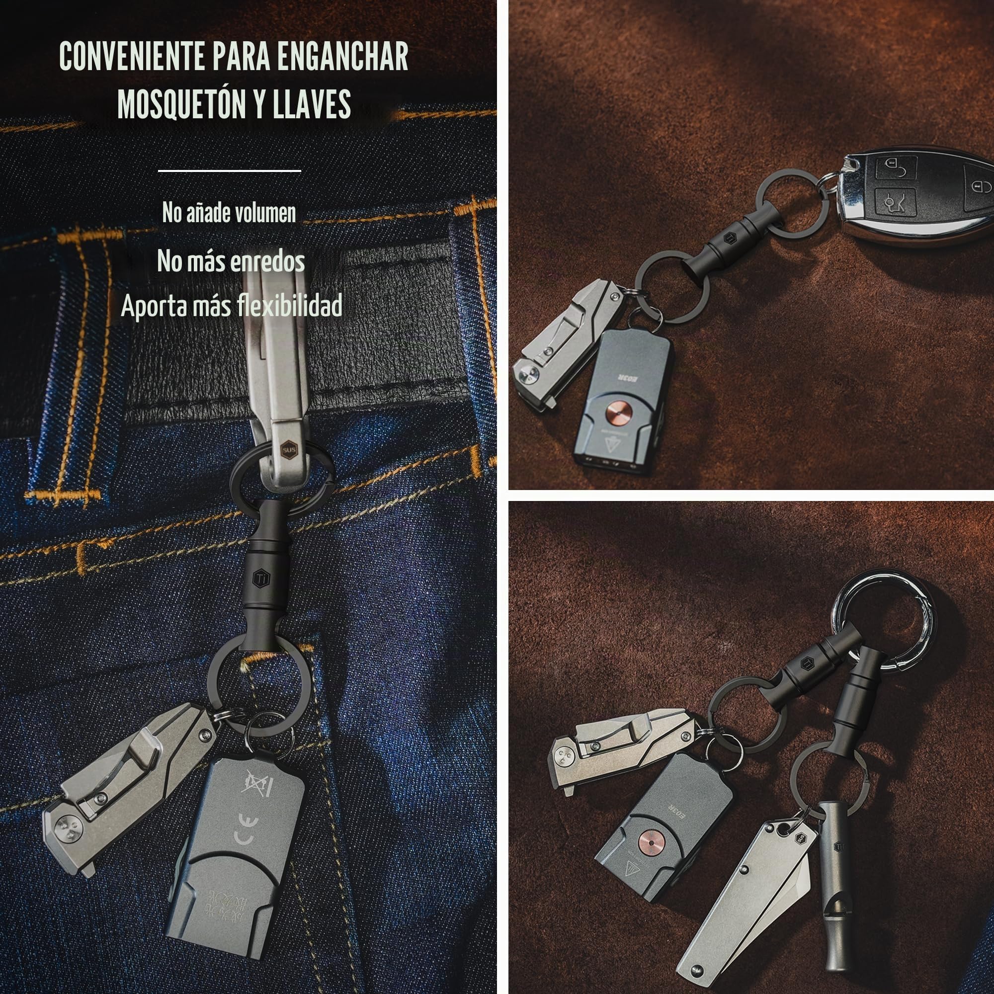 KeyUnity KA24BK - Conector de llavero desmontable, llavero giratorio de doble extremo, organizador de llaves giratorio de titanio para mosquetón