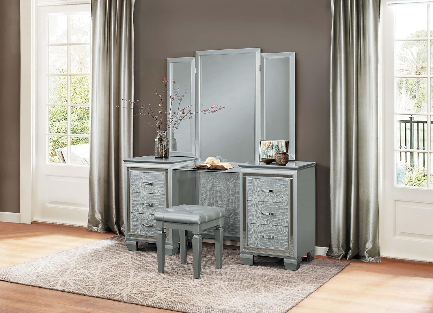 Silver Tufted Vinyl Vanity Stool with Turned Legs