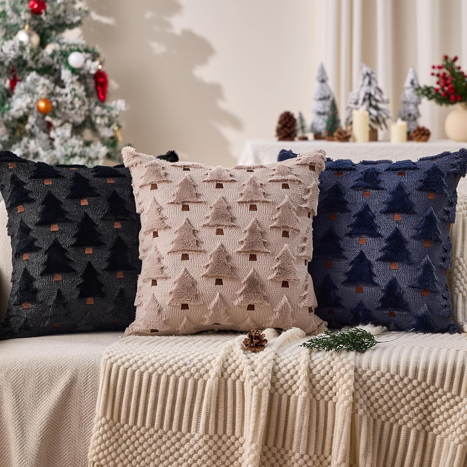 Allorry Christmas Pillow Covers 18x18 inch Set of 2 Grey Christmas Decorations Soft Plush Faux Fur Wool Xmas Tree Throw Pillow Cases Winter Holiday Decor for Sofa Living Room PT002I18
