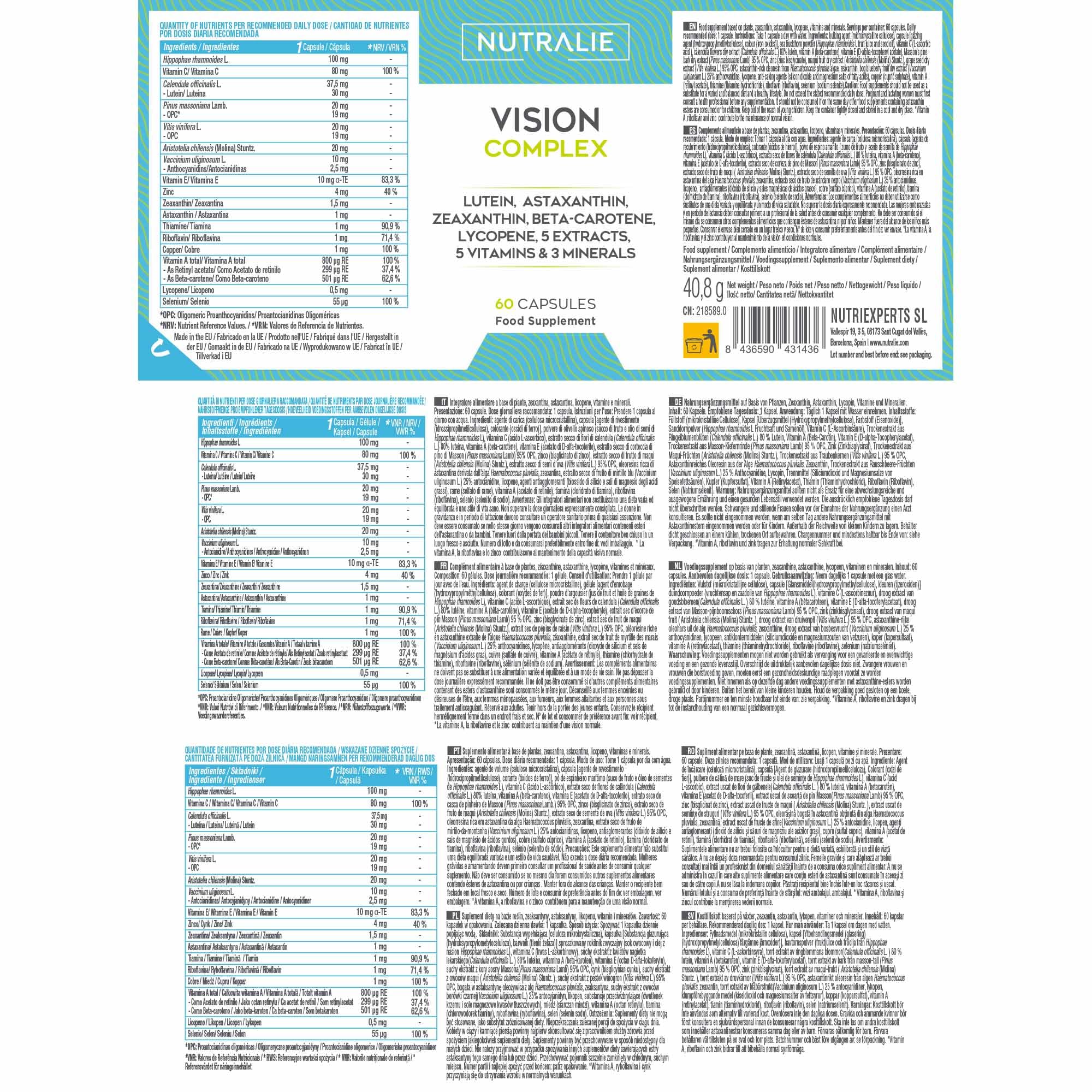 Vision Complex Luteína + Zeaxanthine + Astaxanthine - Vit. C E et A - Pour les yeux - Complexe 18 ingrédients avec Zinc Sélénium Cuivre Lycopène + Thiamine Riboflavine - 60 Capsule Nutralie