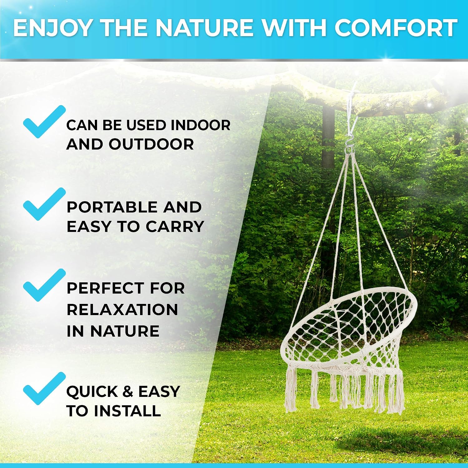 Project One Macrame Hanging Hammock Chair, Hand Woven Rope Hammock Swing Chair for Indoor, Outdoor, Home, Bedroom, Patio, Deck, Garden (White)