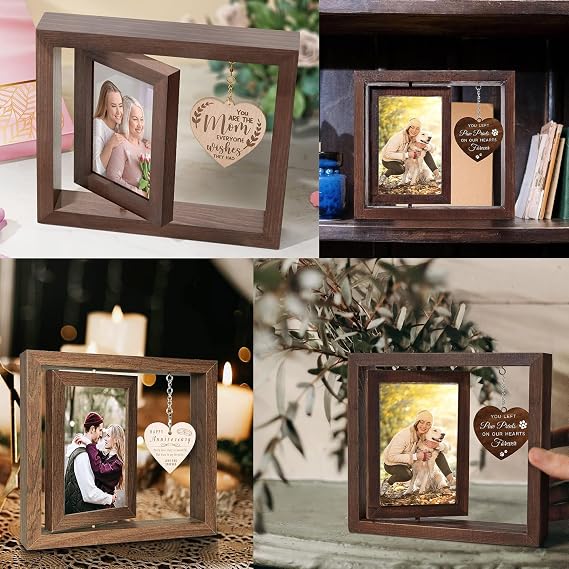 GZLDGIFTS 1PC Personalized Custom Wood Rotating Picture Photo Frame Mothers Birthday Wedding Day Engraving Design Gifts for Women Grandma Father Girlfriend Customizable Remembrance Christmas Idea