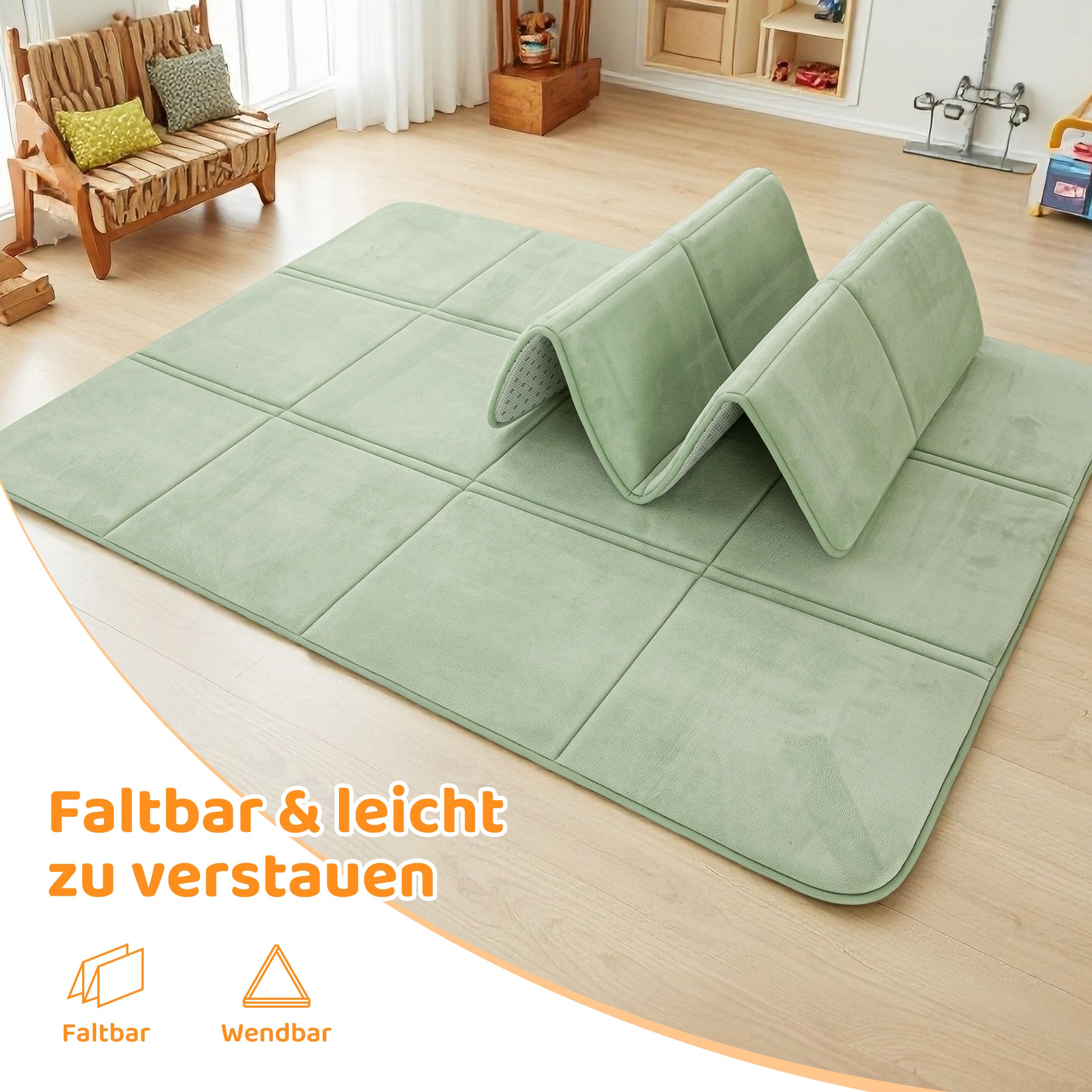 BYBYME 3cm Dicke Faltbare Krabbelmatte Baby, 120x180cm Spielmatte mit Rutschfester Unterseite, Weiche Bodenmatte aus Memory-Schaum für Babys, Kinder & Kleinkinder, Ideal für Wohnzimmer & Yoga, Grün