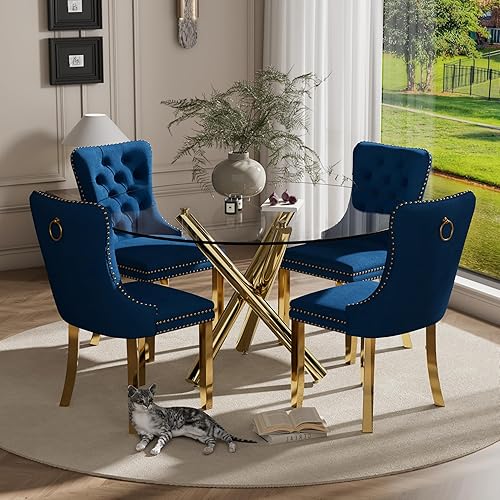 Miniatura 56 de Juego de mesa de comedor redonda dorada de 5 piezas, moderno juego de cocina circular de lujo para 4, 36 pulgadas, transparente, minimalista