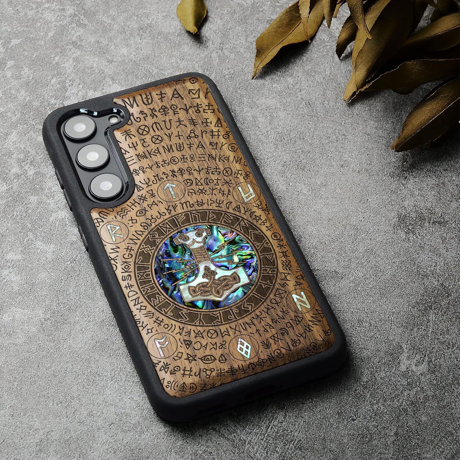 Carveit Designer Wooden Case for Samsung Galaxy S23 Cover [Wood Engraving & Shell Inlay] Real Wood Phone Case Compatible with Wireless Chargers Galaxy S23 Case (Thors Hammer-Walnut)