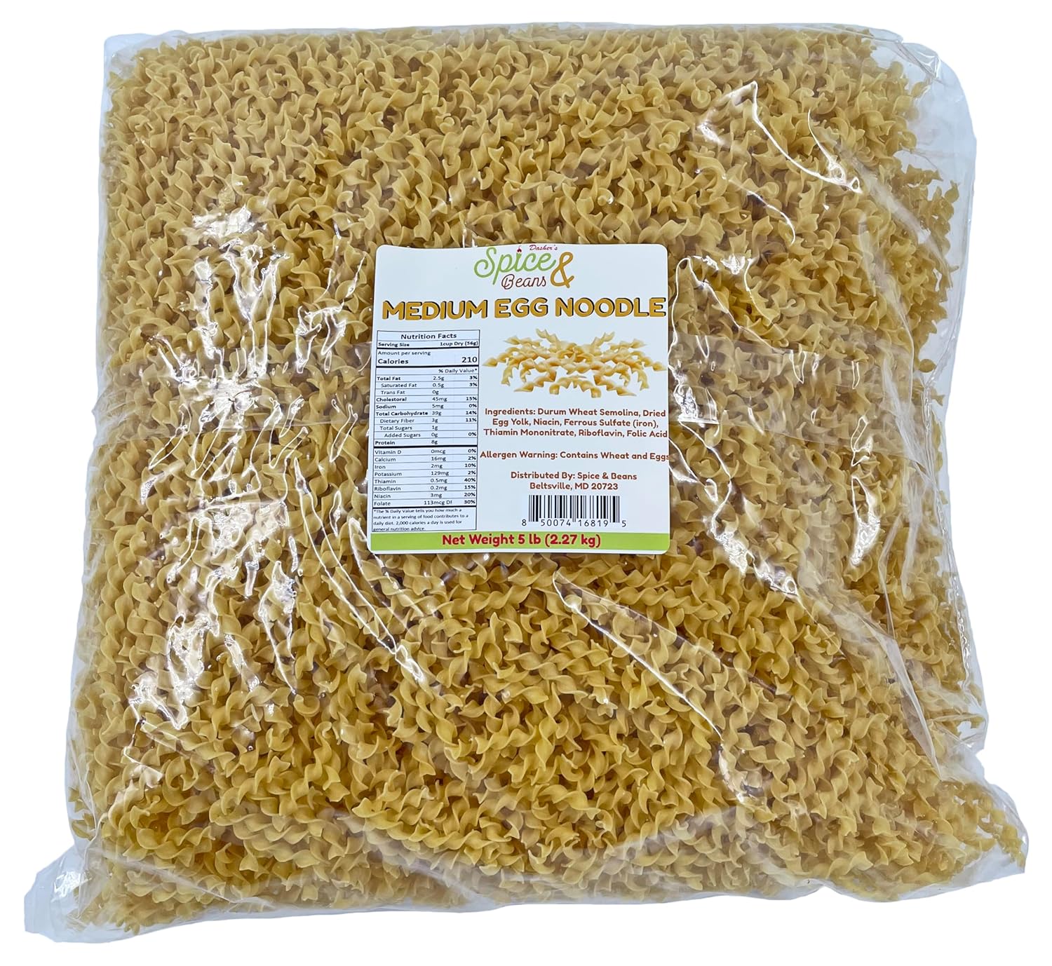 Wide Egg Noodle Pasta | 100% Durum Semolina Flour | Made in America | by Dasher's Spice & Beans | 5 lb.
