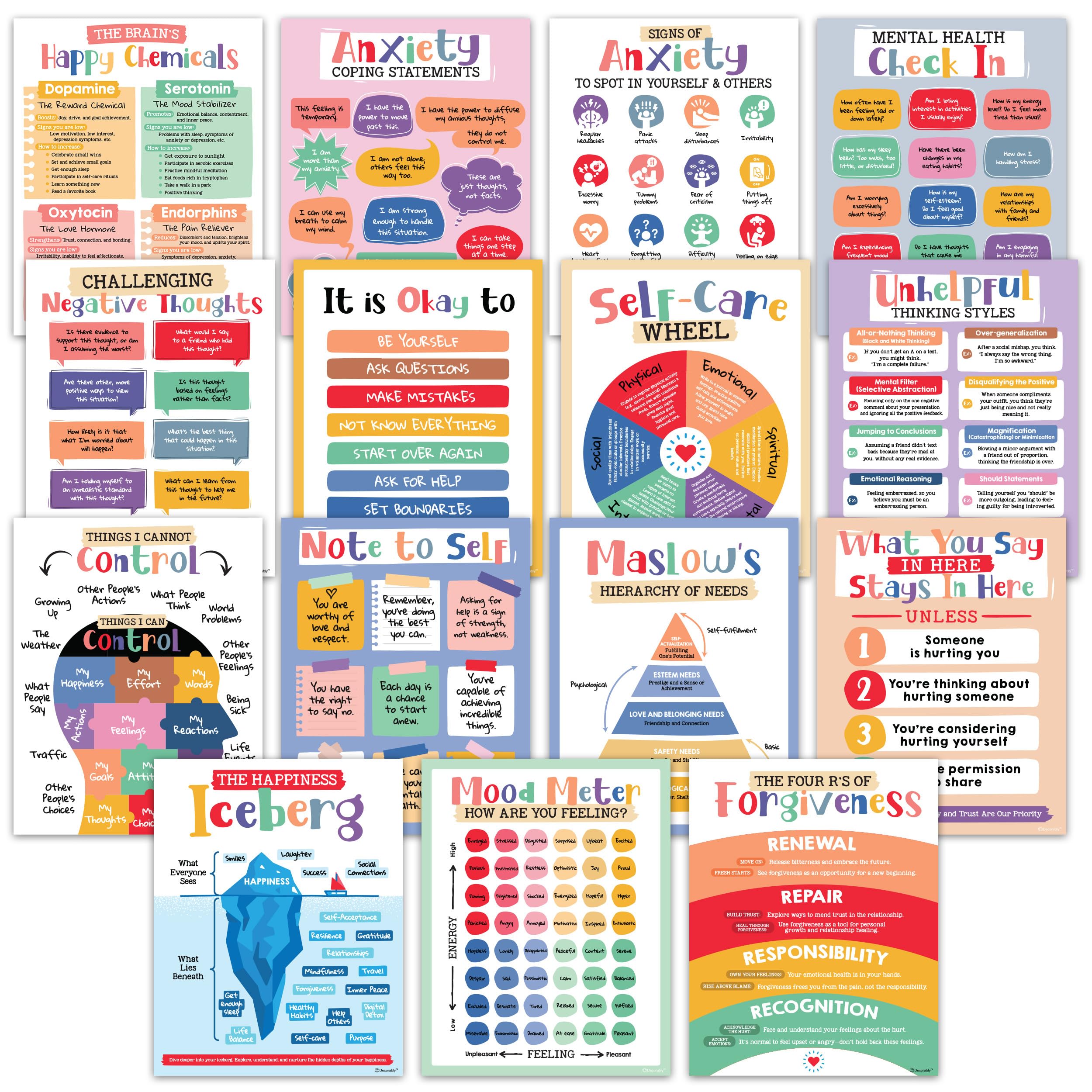Decorably 15 Mental Health Posters for Classroom, 11x14in Matte-Laminated Educational Therapy Posters for Office, Health Classroom Decor