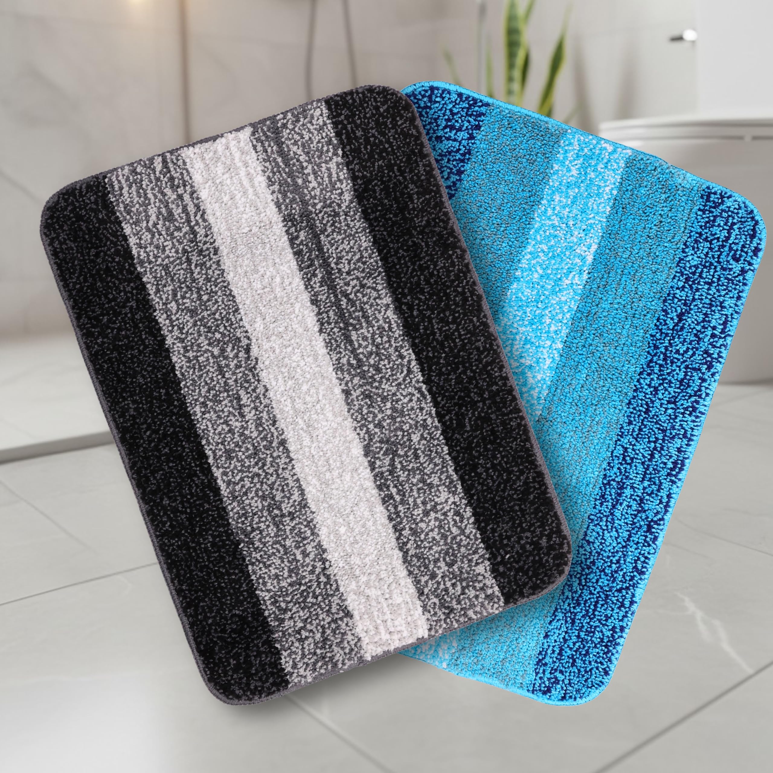 SARAL HOME EASY LIVING Microfiber Striped Rectangle Shaped Anti-Skid Bath Mats|Soft & Super Absorbent Mats for Shower|Washable, Non-Slip & Quick-Drying Mats, 50X70 CM|Set of 2(Turquoise & Black)