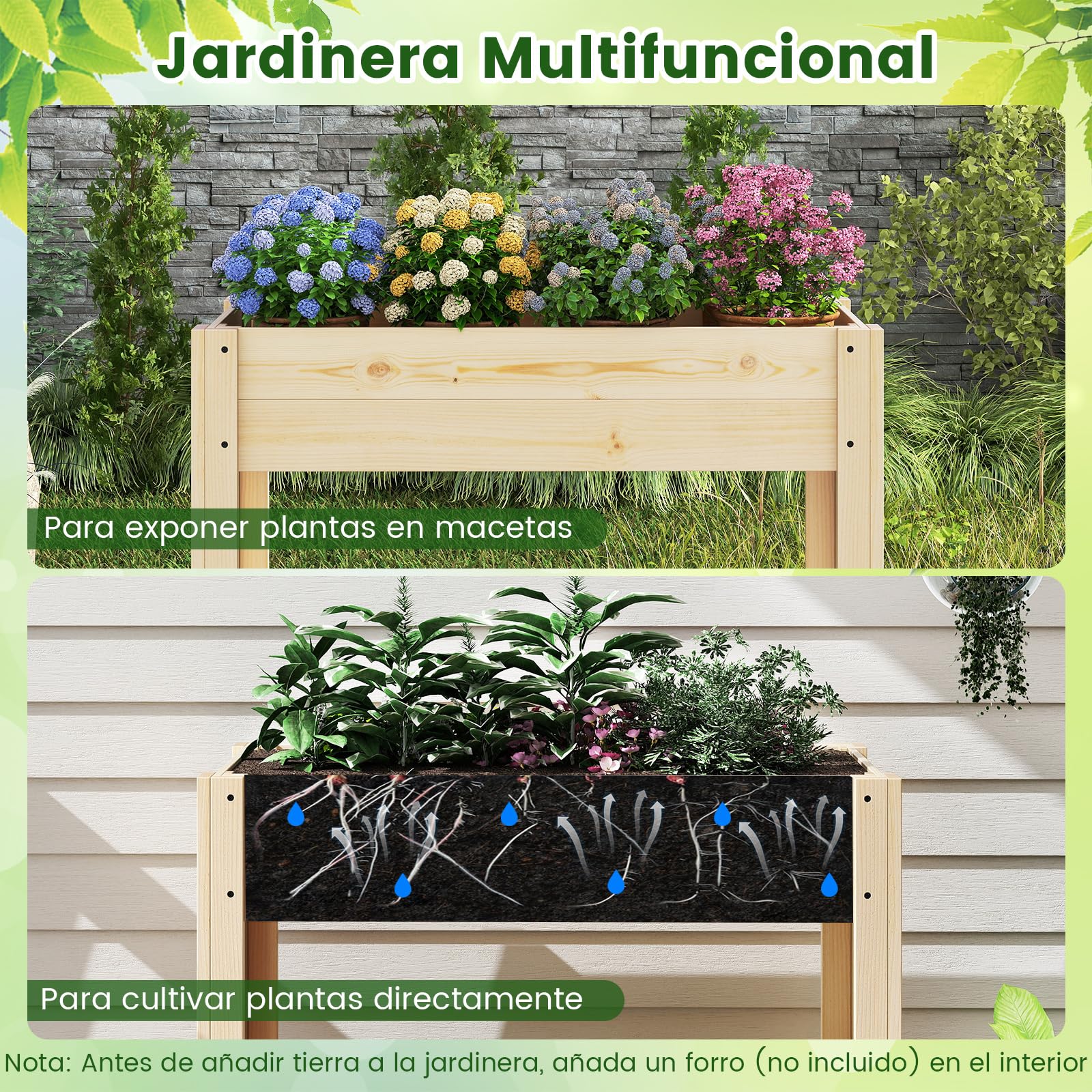 COSTWAY Huerto Urbano de Madera con Patas, Mesa de Cultivo, Jardinera Elevada con Estante, Drenaje, Caja de Plantación 81 x 37 x 77 cm, Jardineras Altas Exterior, para Terraza Exterior, Natural