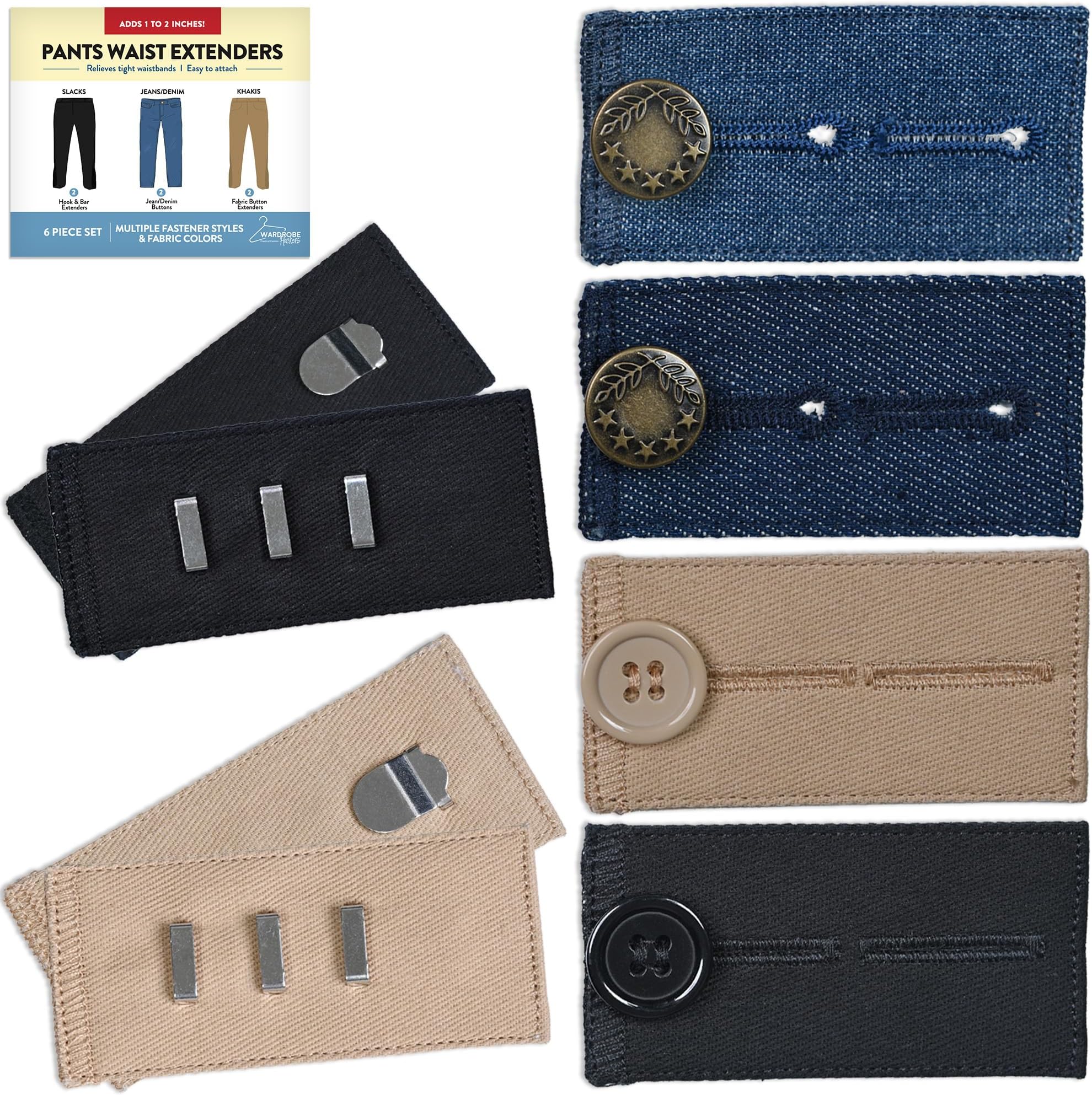 Button Extender for Pants Waist Extenders for Pants for Men and Women (6-Piece Multiple Styles) Adjustable Jeans Button Extender – Black Metal Hook Pants Khaki Waistband Expander by Wardrobe Hackers