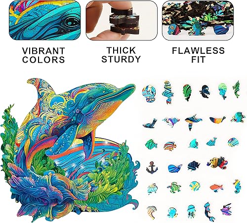 Miniatura 4 de MYS Aurora Rompecabezas de madera, rompecabezas de delfín de 900 piezas, rompecabezas de madera de forma única para adultos y niños, juego familiar