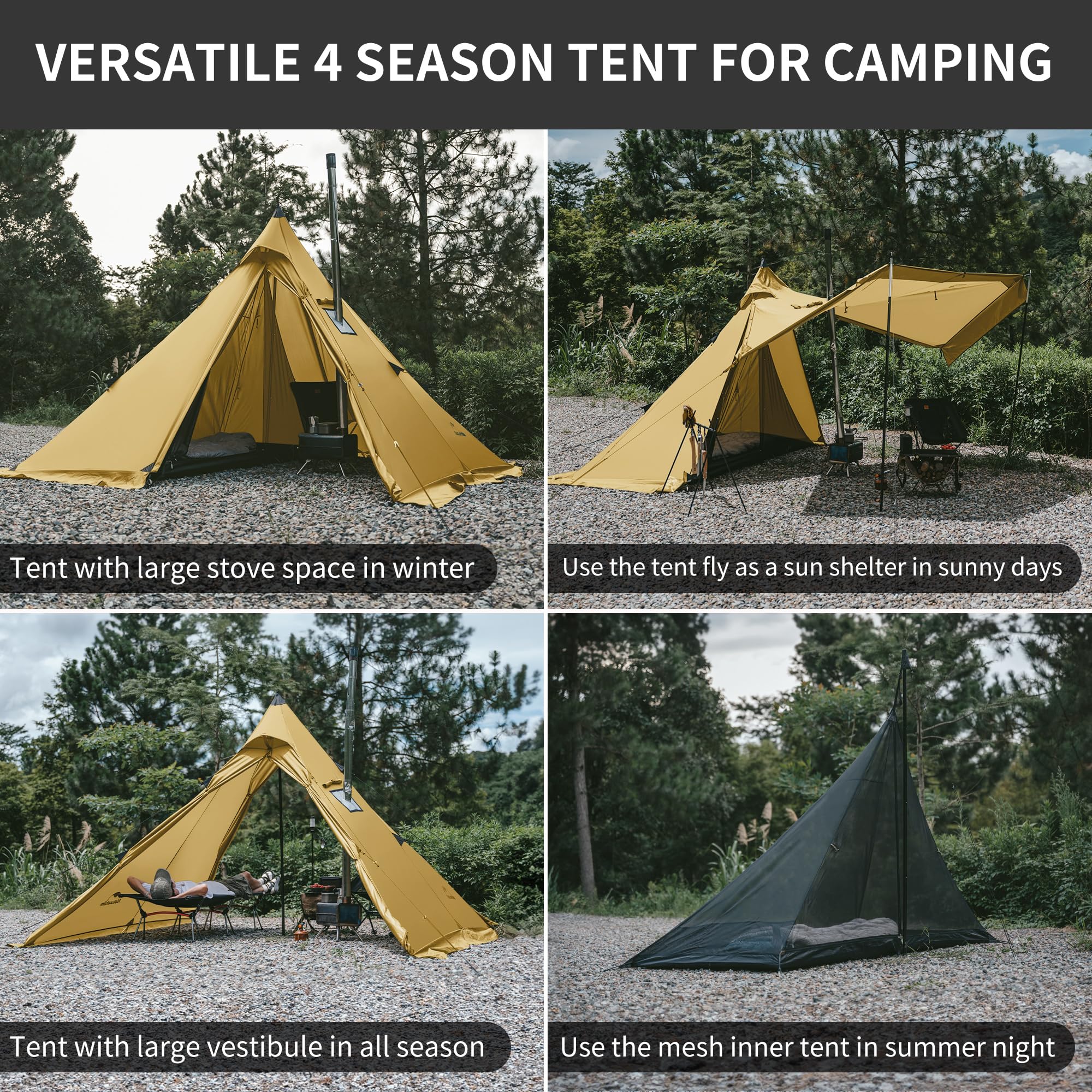 Naturehike Tipi Zelt Firstzelte 3-4 Personen Indianerzelt Wasserdicht Winddicht Einfacher Aufbau Pyramidenzelt für Outdoor Camping Familien
