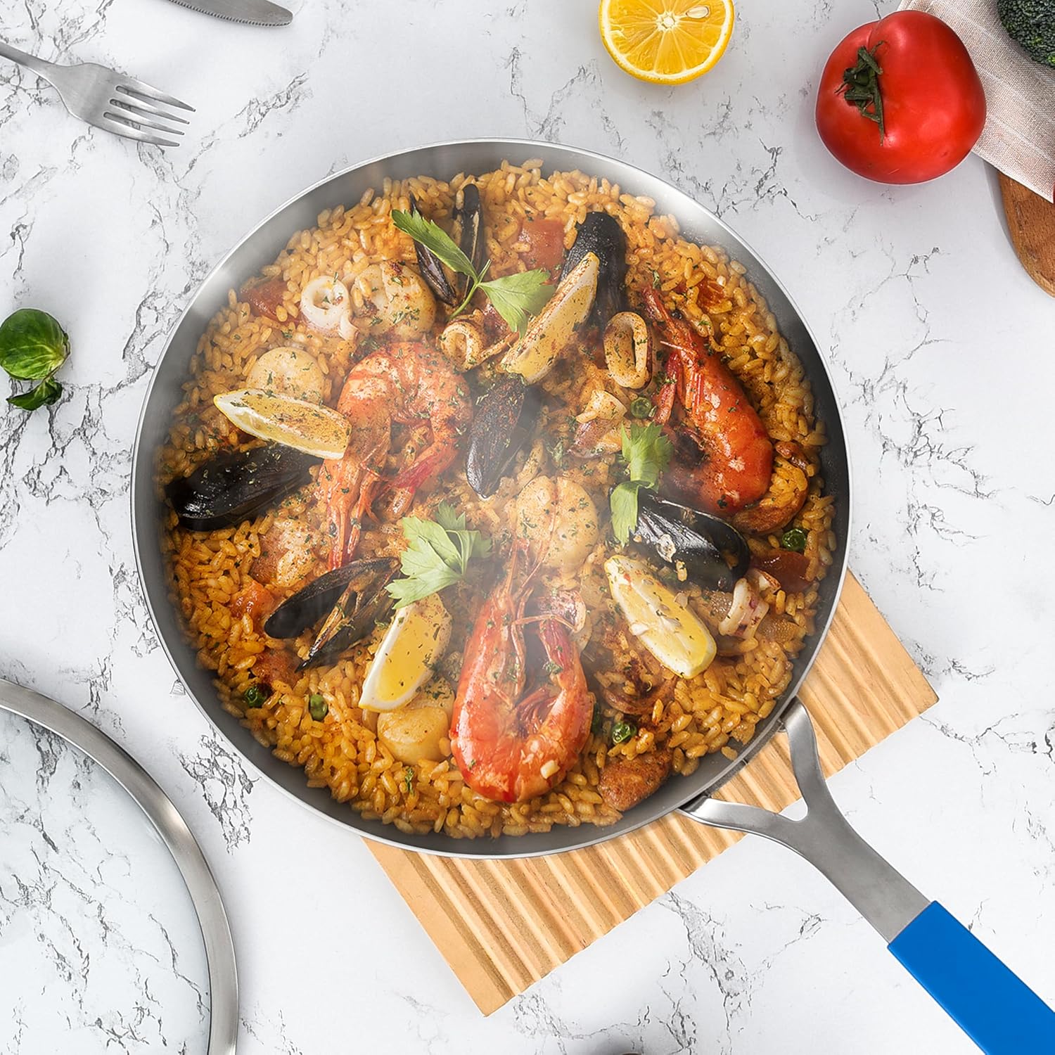 Inqibee 12 Inch Tri-Ply Stainless Steel Frying Pan with Lid, Skillet, Induction Cooking Pan, All Cooktops, Dishwasher Safe and Detachable Handle