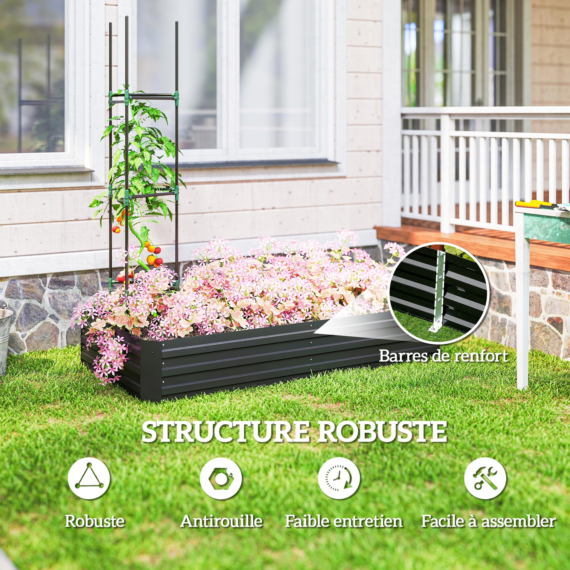 Outsunny Carré Potager Grande Capacité 180 x 90 x 29,5 cm Noir | Jardinière Rectangulaire, Acier Galvanisé, avec Tuteurs, pour Tomates et Plantes Grimpantes
