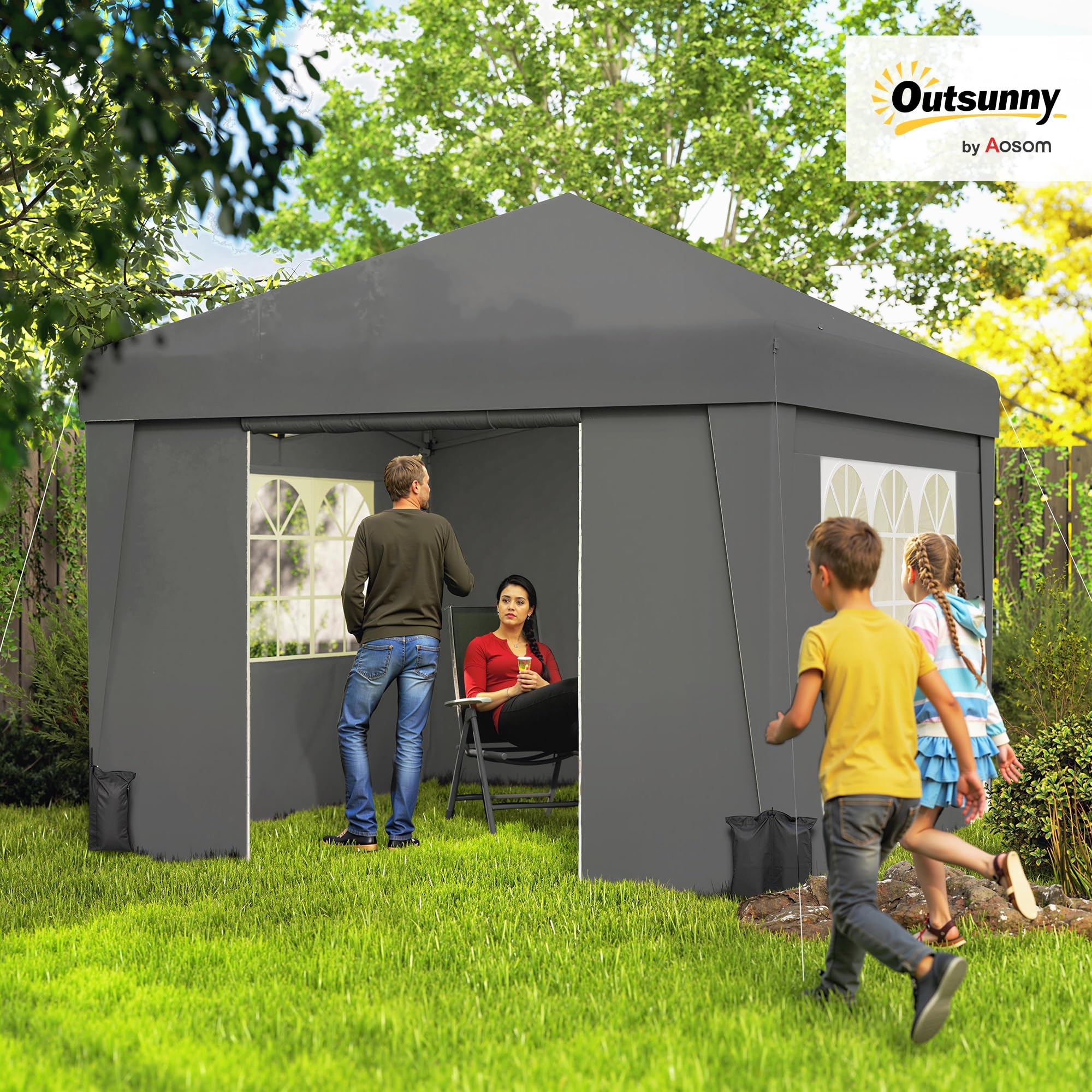 Outsunny Tonnelle de Jardin Pop-Up Pliante Anti-UV 30 + 3 x 3 m Gris Foncé | Tonnelle Barnum, Tente de Réception, avec Fenêtres, Parois Latérales, Sac de Transport, Sacs de Sable