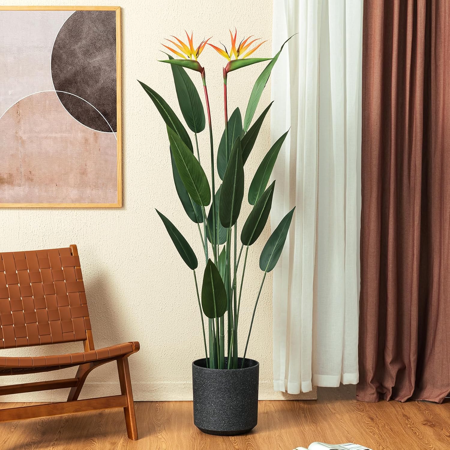 Glitzhome 5.3FT Bird of Paradise Artificial Plant, Potted Faux Tropical Palm Tree with 2 Flower & 15 Leaves, No Assembly Requried