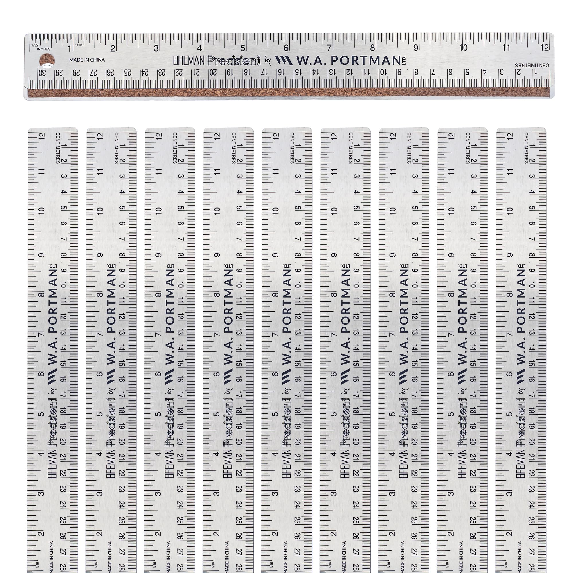 Breman Precision Metal Ruler 12 Inch Cork Back – 10 Pk Stainless Steel Straight Edge, Flexible Non-Slip Metal Ruler with Cork Backing – Imperial & Metric for Crafting, School, Workshop & Home Use