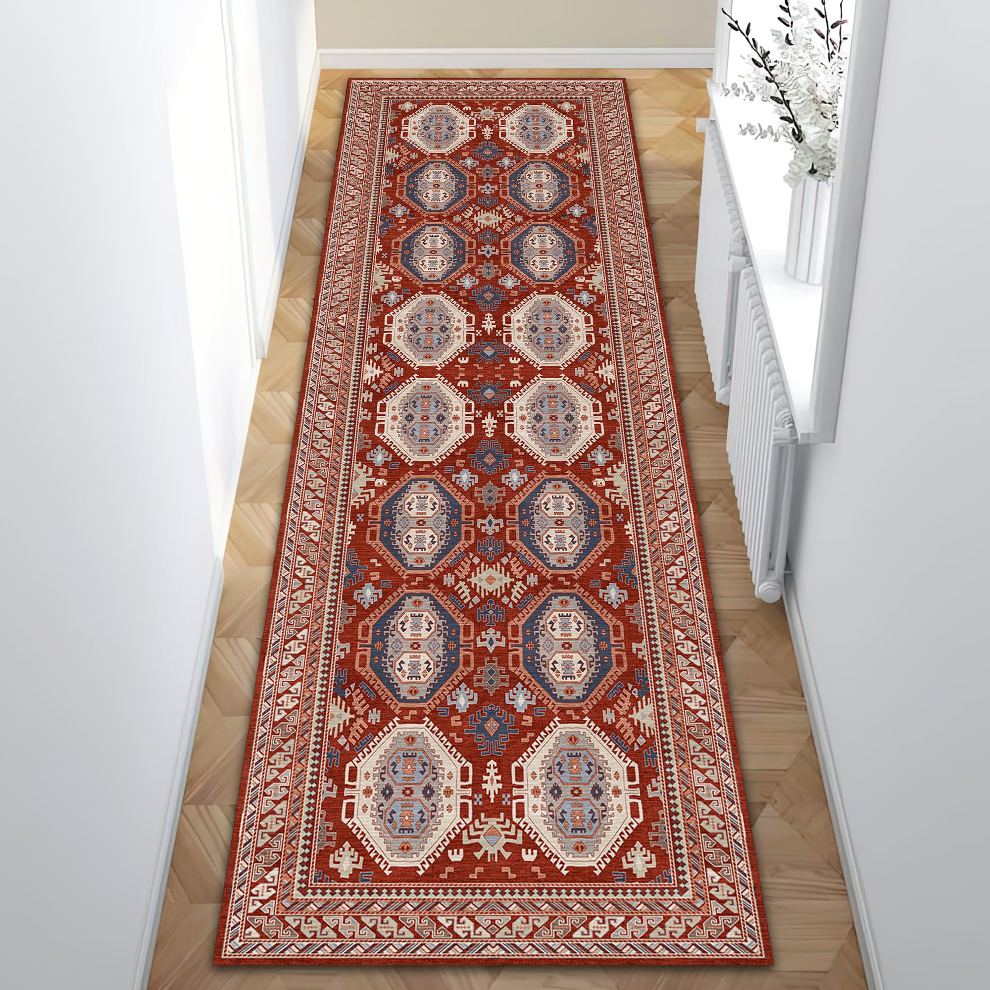 Lumirug Oriental Traditional Red Runner Rug Plush Soft Ethnic Pattern Carpet Boho Minimal Design Washable Nonslip Area Mat for Living Room Bedroom Hallway Home Decor 60x120 cm